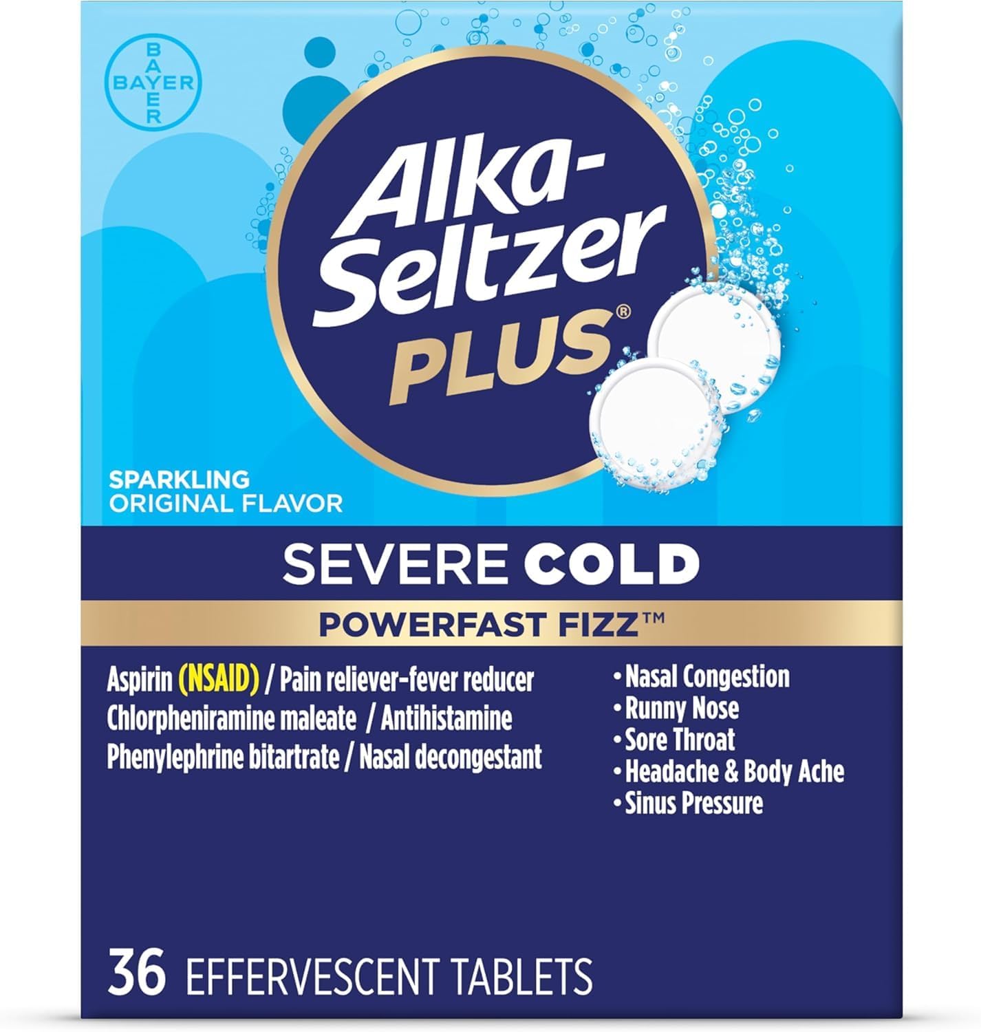 ALKA-SELTZER PLUS tablettes effervescentes se dissolvant rapidement dans l'eau pour soulagement temporaire