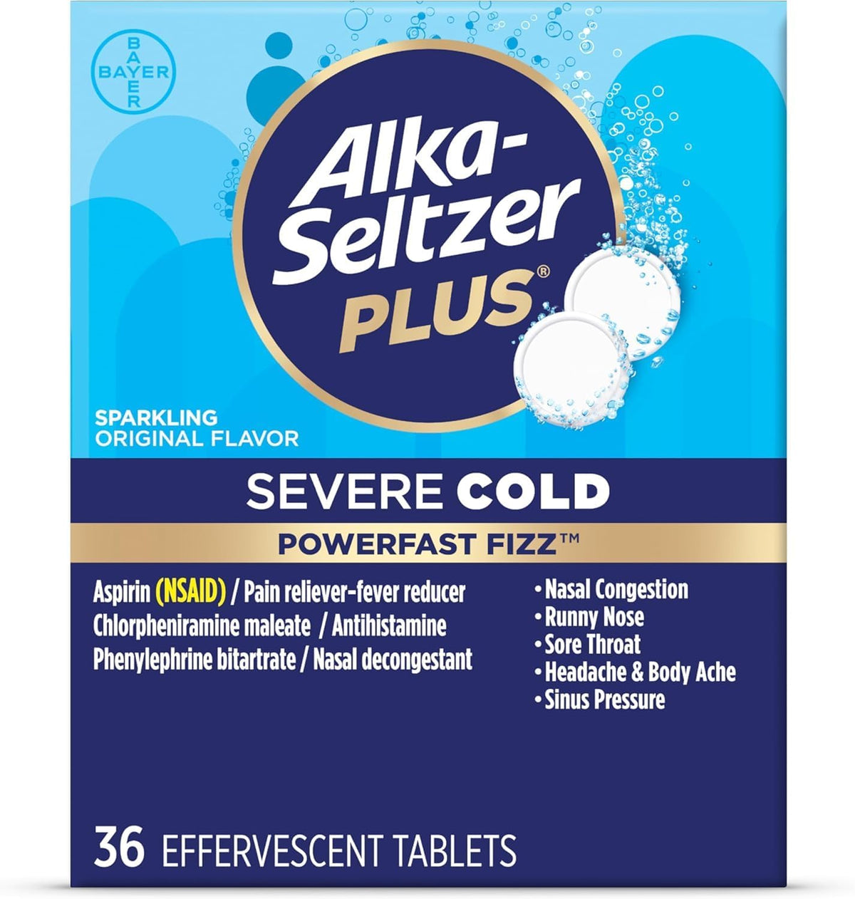 ALKA-SELTZER PLUS tablettes effervescentes se dissolvant rapidement dans l'eau pour soulagement temporaire