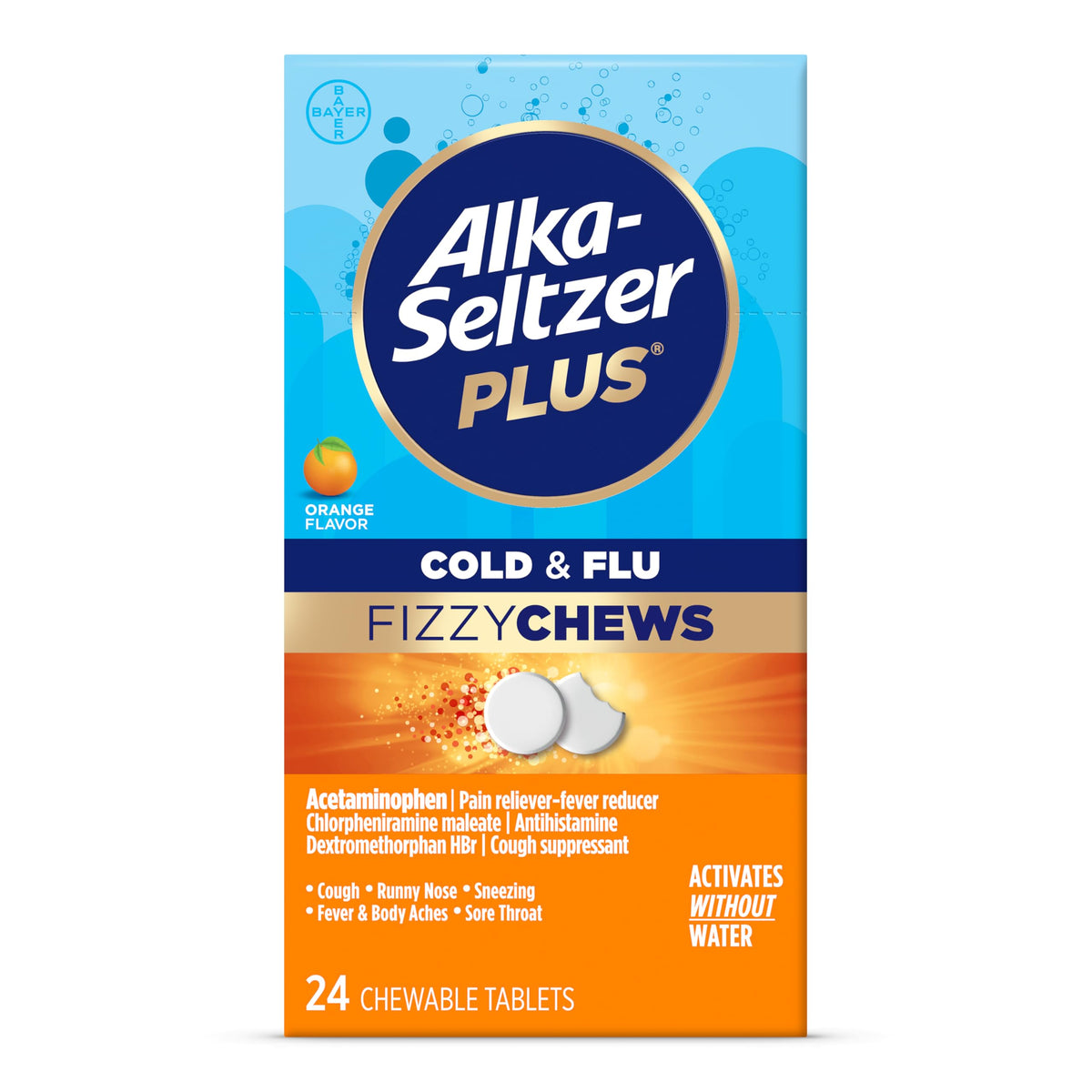 Boîte orange Alka-Seltzer Plus FizzyChews prête à l’emporter pour soulagement rapide.