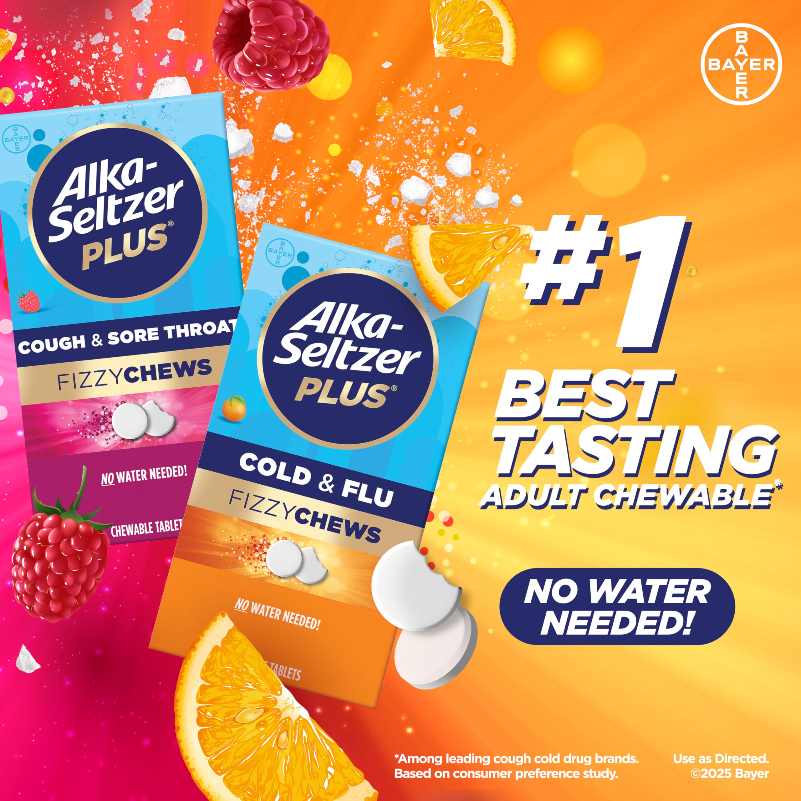Tablettes à mâcher Alka-Seltzer Plus FizzyChews saveur orange, faciles à prendre.