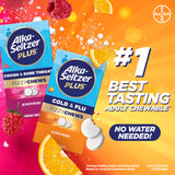 Tablettes à mâcher Alka-Seltzer Plus FizzyChews saveur orange, faciles à prendre.