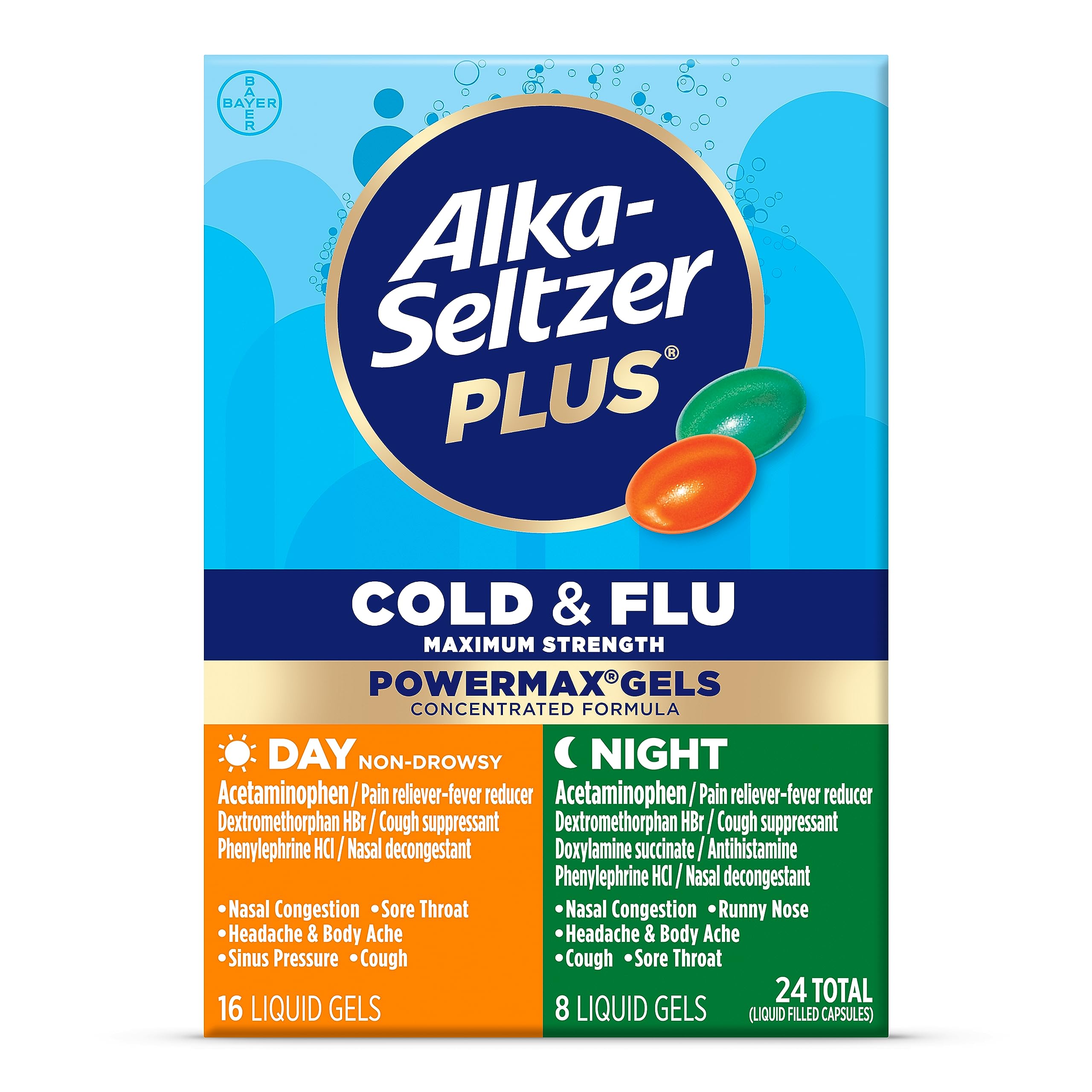 ALKA-SELTZER PLUS Power Max emballage jour et nuit, prêt à l'emploi pour le confort.