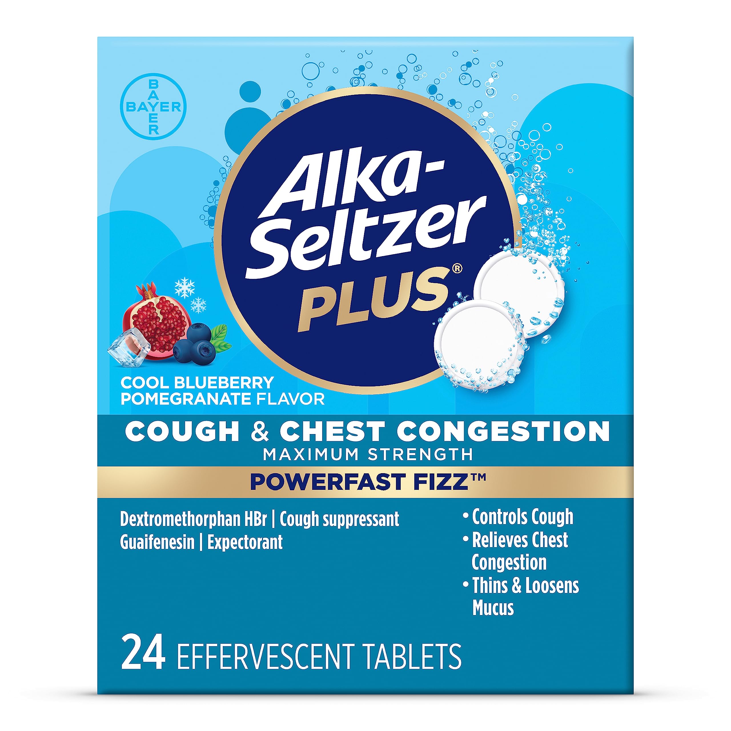 Boîte Alka-Seltzer Plus PowerFast Fizz 24 tablettes, dissolution rapide dans l'eau.