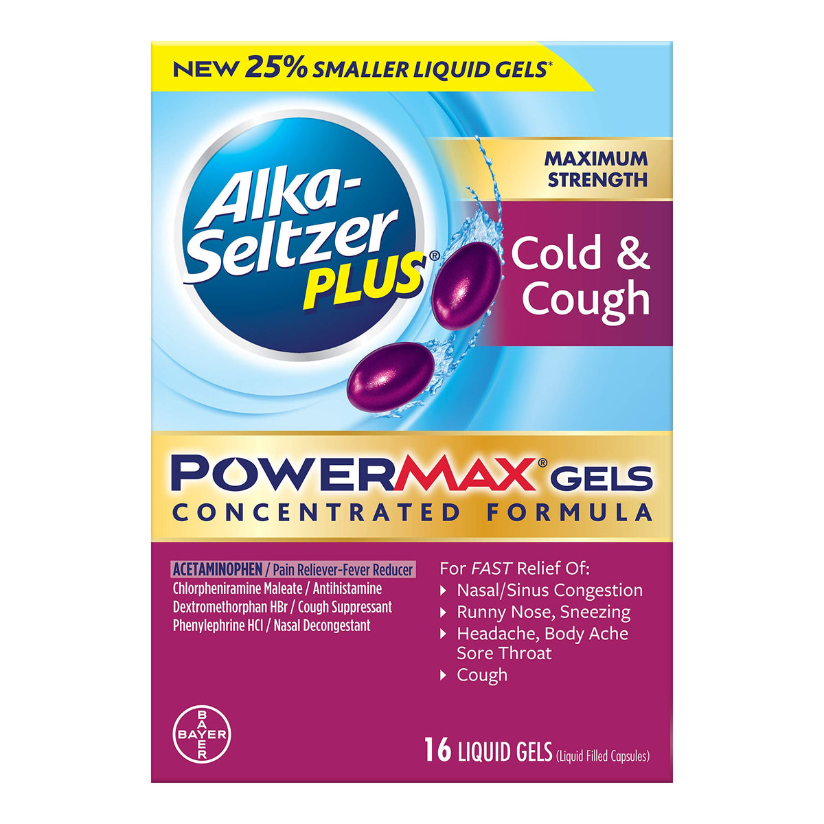 Alka-Seltzer Plus PowerMax gélules liquides dans la boîte 16, démonstration compacte.