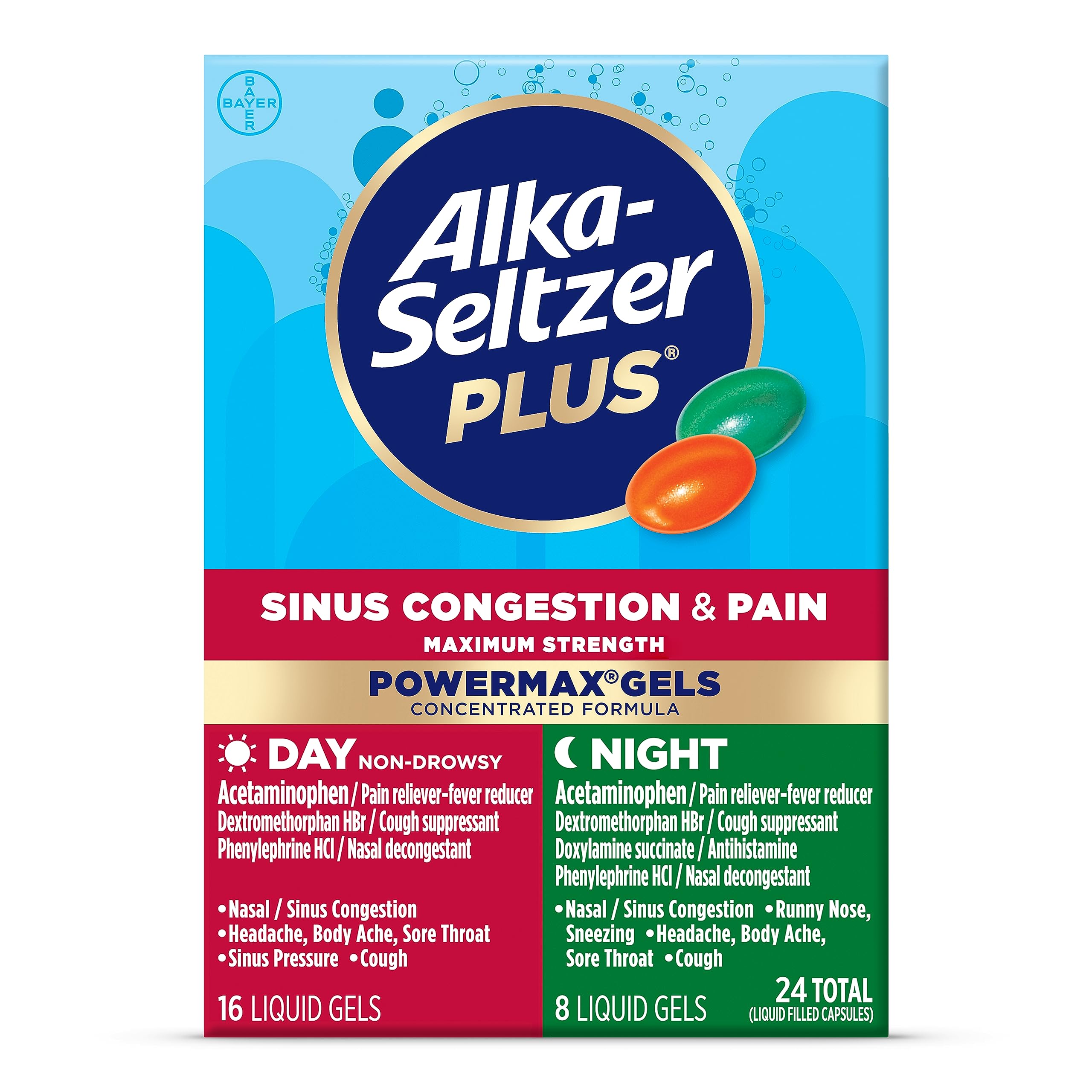 ALKA-SELTZER PLUS Puissance Max, bouteille montrant la formule pour sinus et congestion.