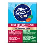 ALKA-SELTZER PLUS Puissance Max, bouteille montrant la formule pour sinus et congestion.