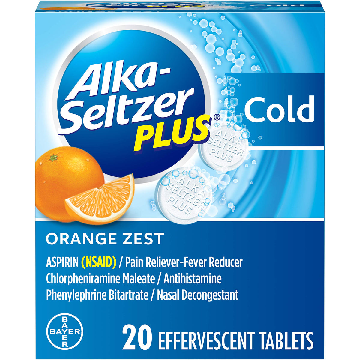 ALKA-SELTZER PLUS tablettes efferventes dans leur emballage orange zeste, préparation rapide.