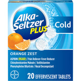 ALKA-SELTZER PLUS tablettes efferventes dans leur emballage orange zeste, préparation rapide.