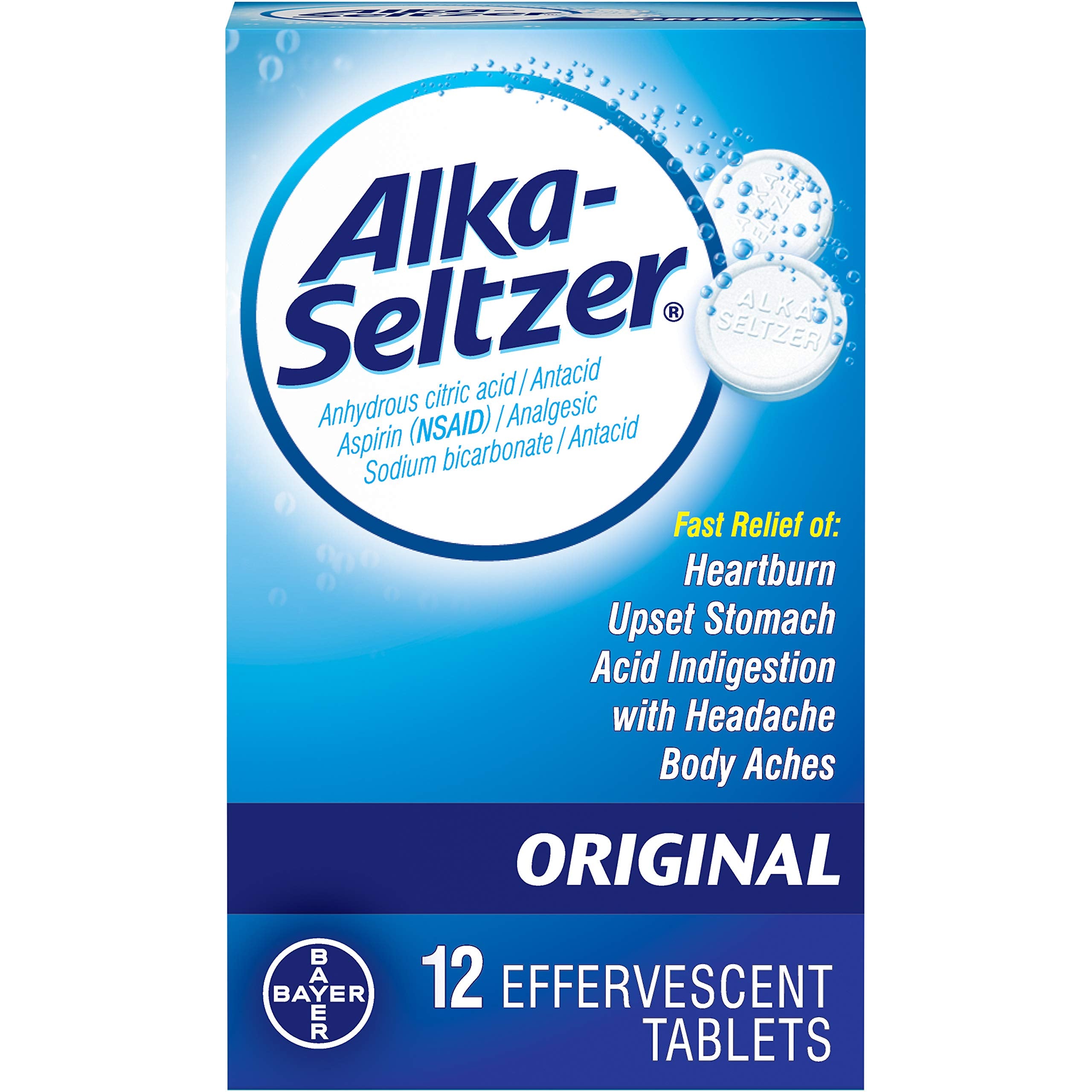 Alka-Seltzer Original — comprimés effervescents avec aspirine, boîte de 12, dissolution rapide.