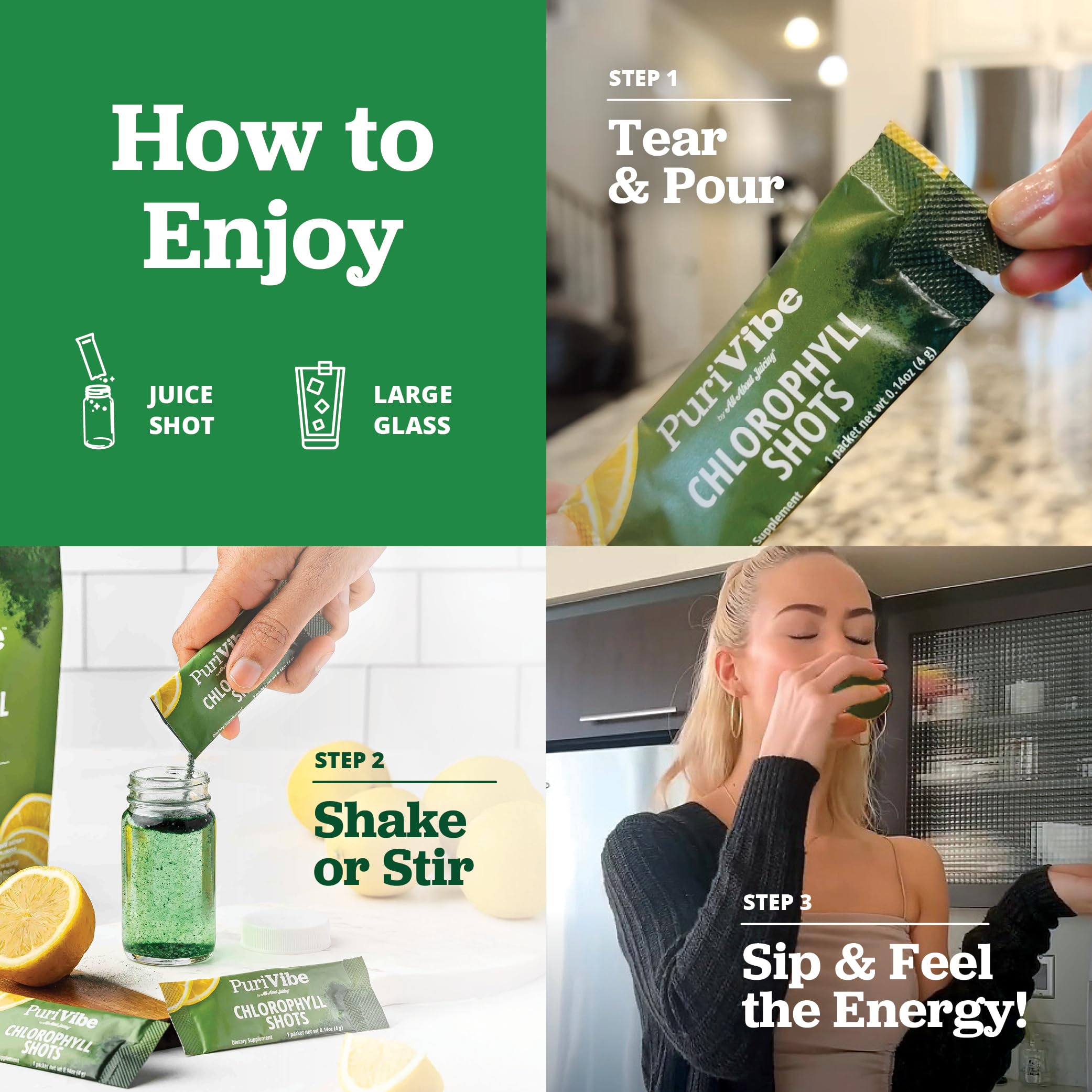 All About Juicing chlorophyle shot économique, idéal pour hydrater sans effort.