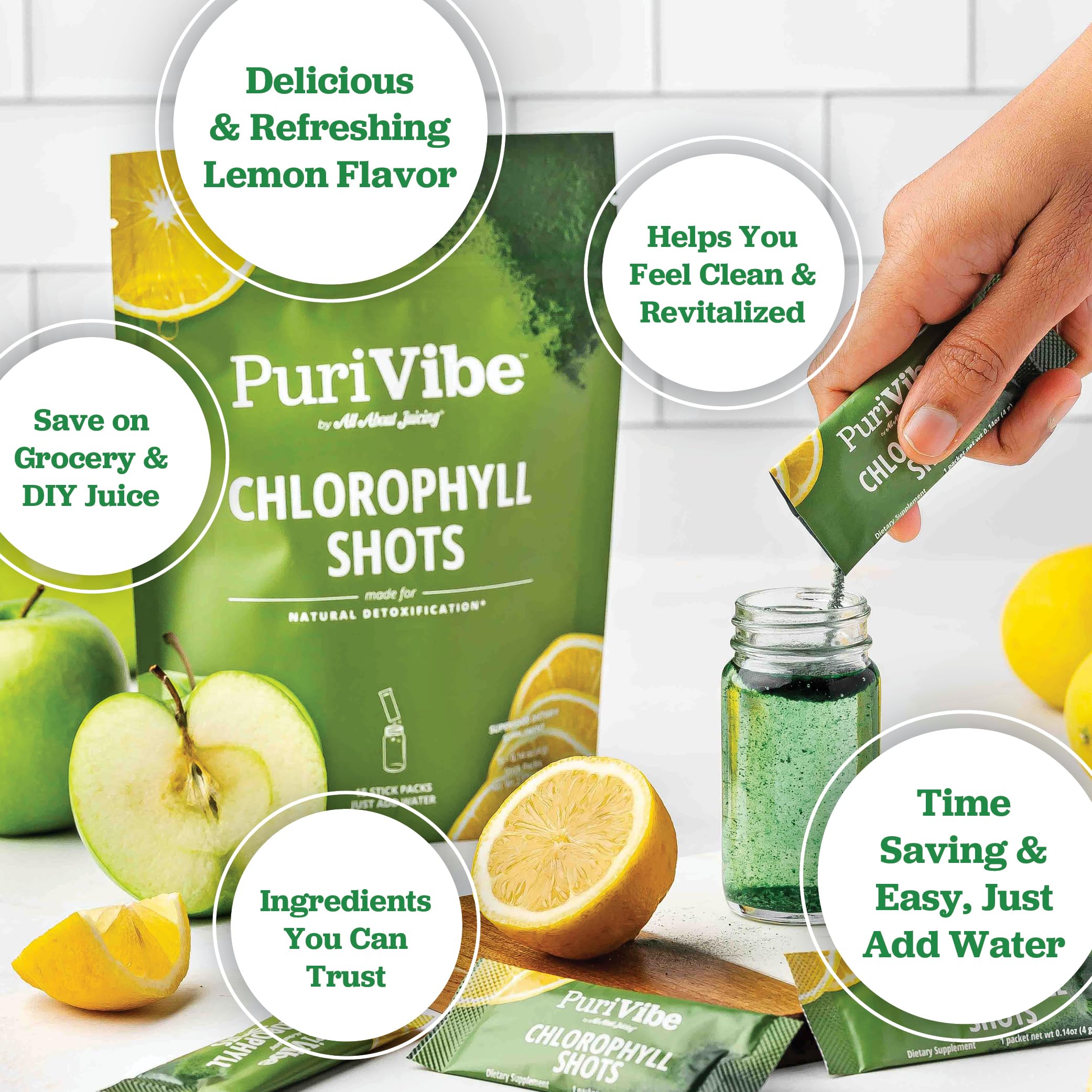 All About Juicing chlorophyle shot pomme, alliance fruitée et detox légère.