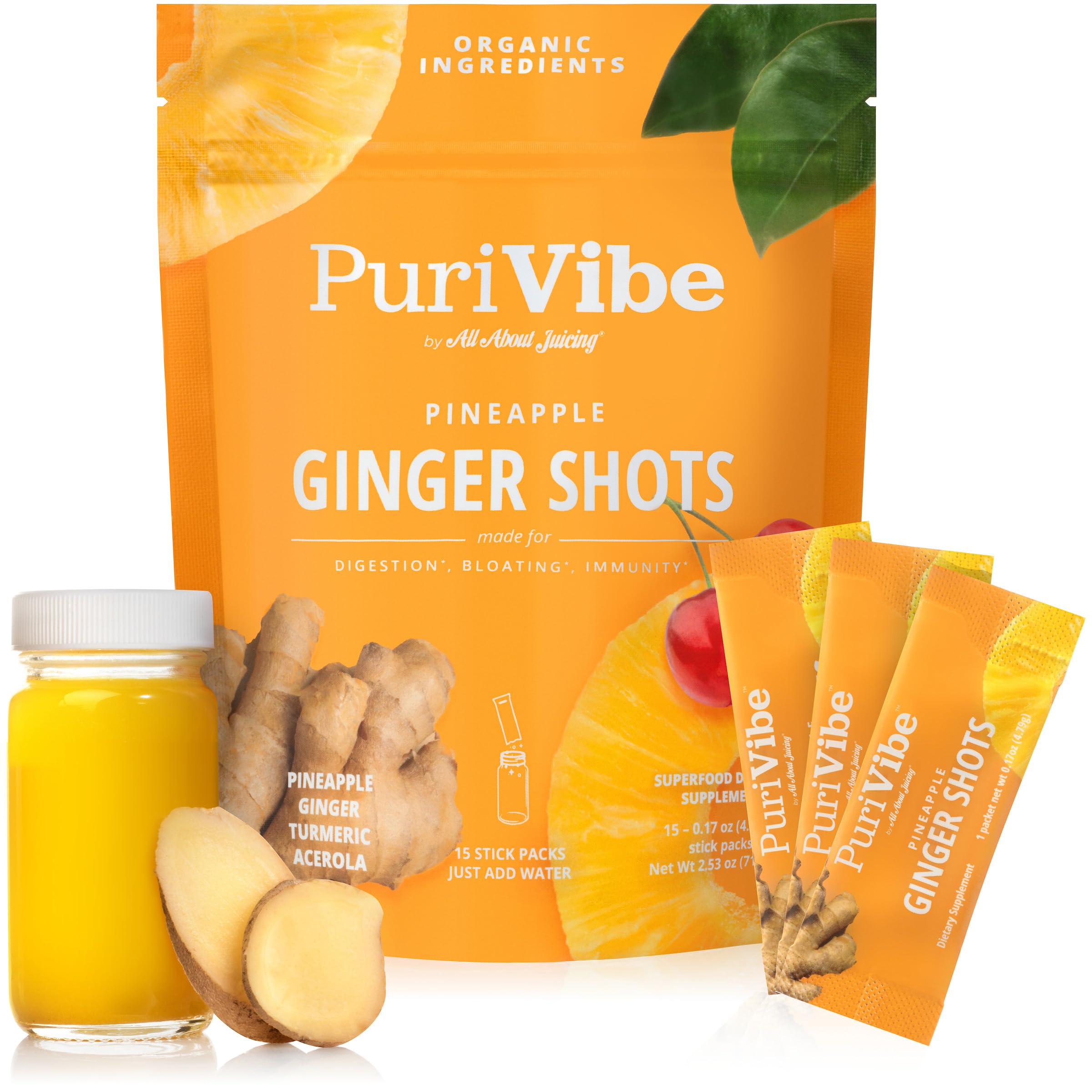 All About Juicing Ginger Shot Ananas Turmeric pack shot: énergie et immunité potentielles.