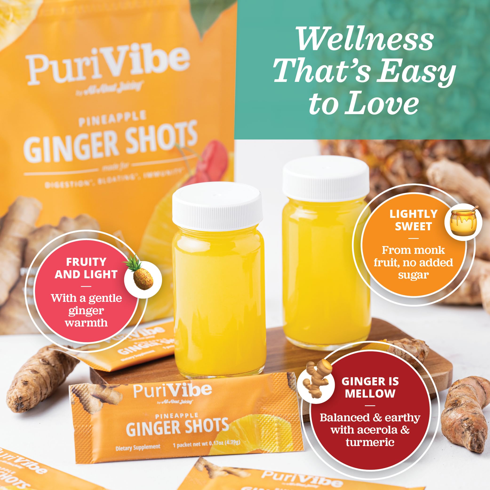All About Juicing Ginger Shot ingrédients biologiques gros plan: douceur naturelle.