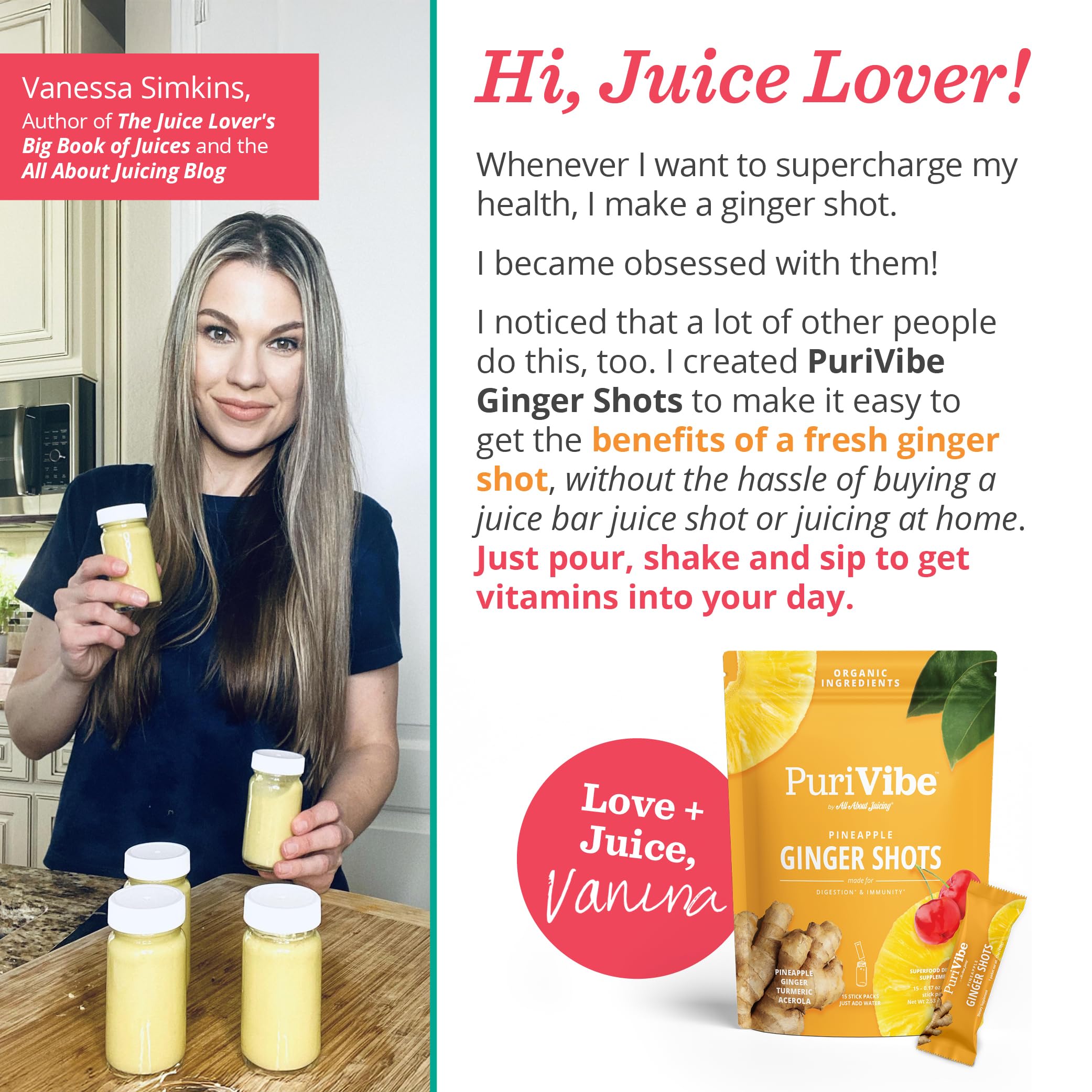 All About Juicing Ginger Shot sachet-arrière-informations: ingrédients et valeurs nutritionnelles.