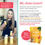 All About Juicing Ginger Shot sachet-arrière-informations: ingrédients et valeurs nutritionnelles.