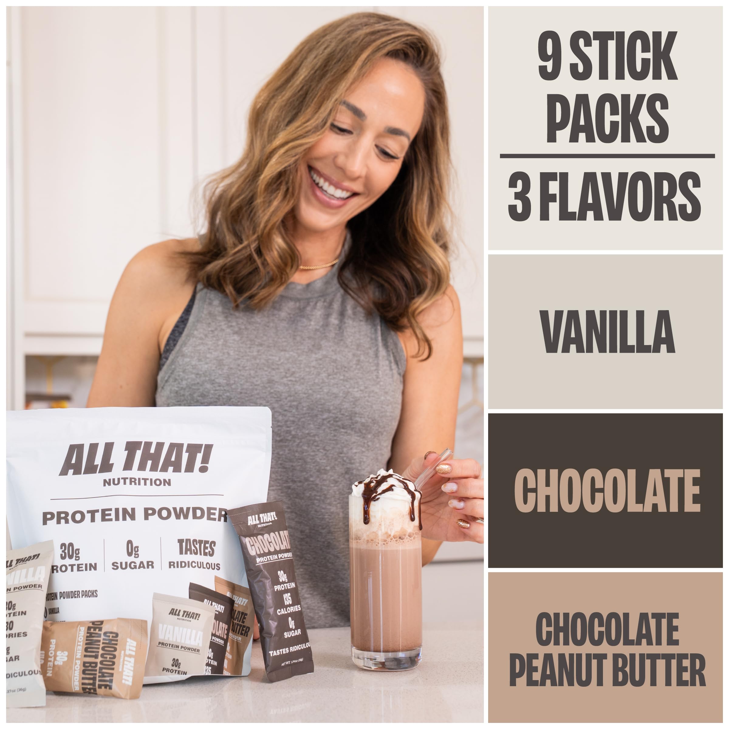 Sachet ALL THAT! NUTRITION protéine chocolat, goût riche et gourmand.