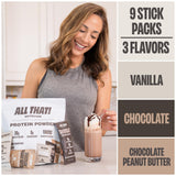Sachet ALL THAT! NUTRITION protéine chocolat, goût riche et gourmand.
