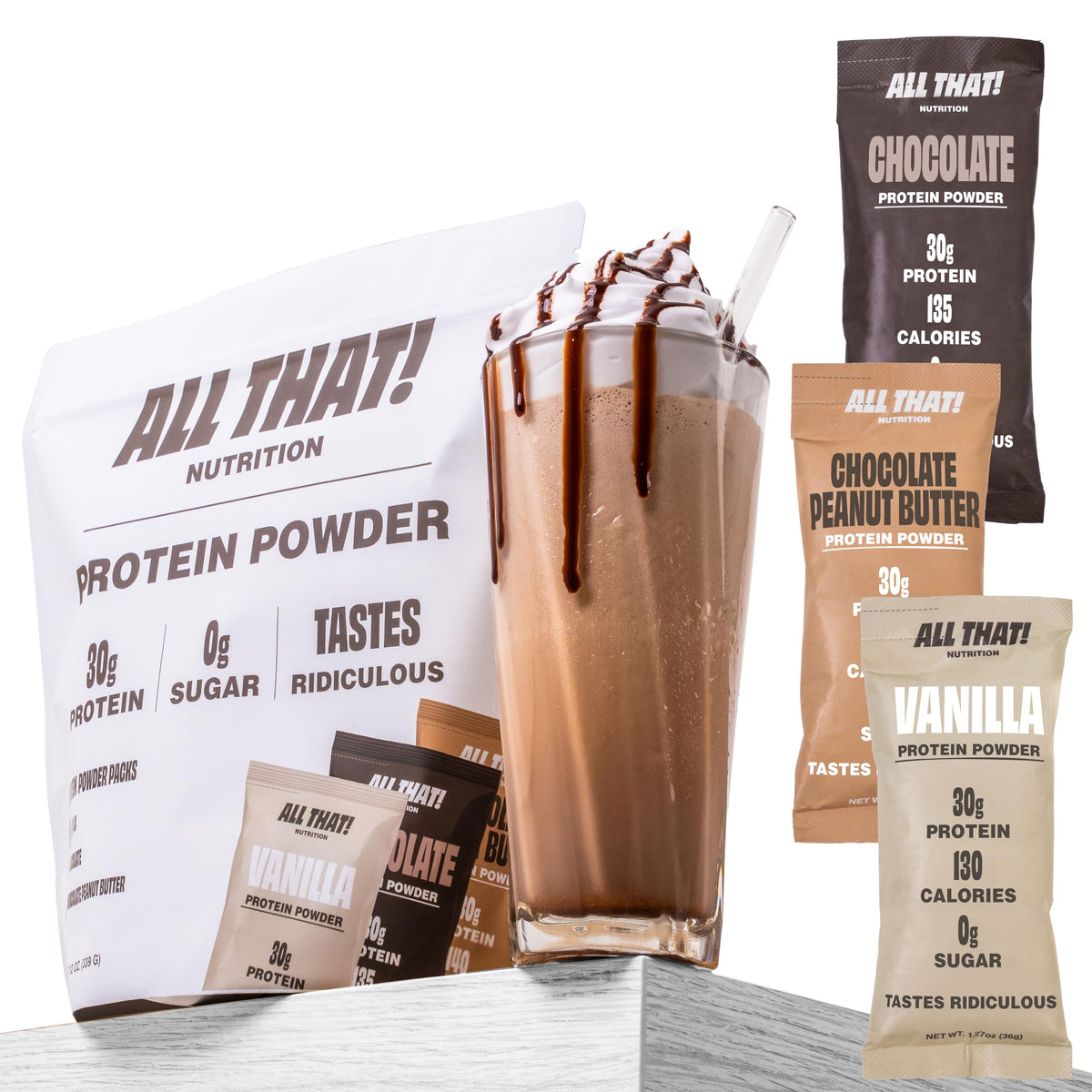 Sachet ALL THAT! NUTRITION protéine vanille, pratique et rapide à emporter.