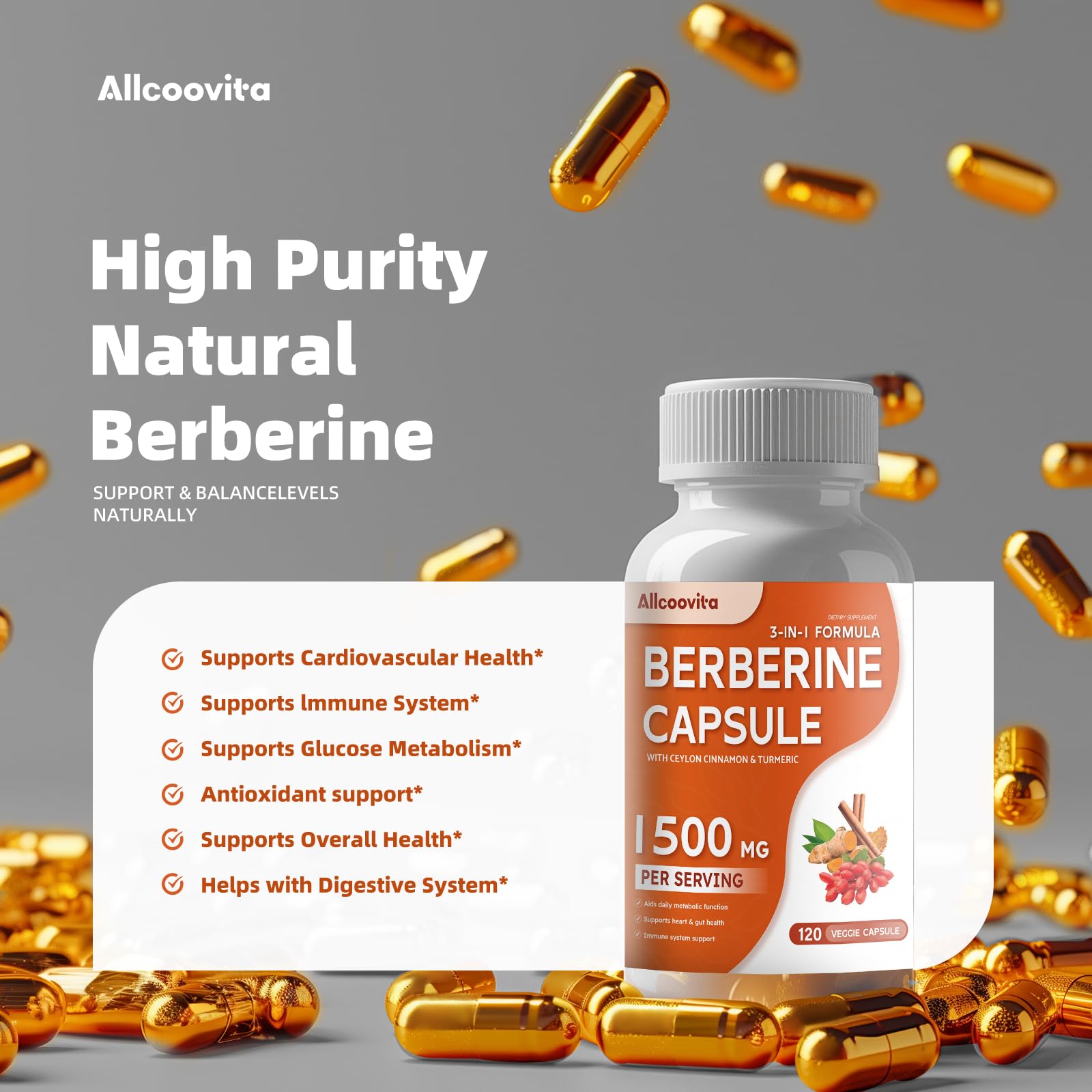 Allcoovita Berberine: capsules sur un plateau élégant