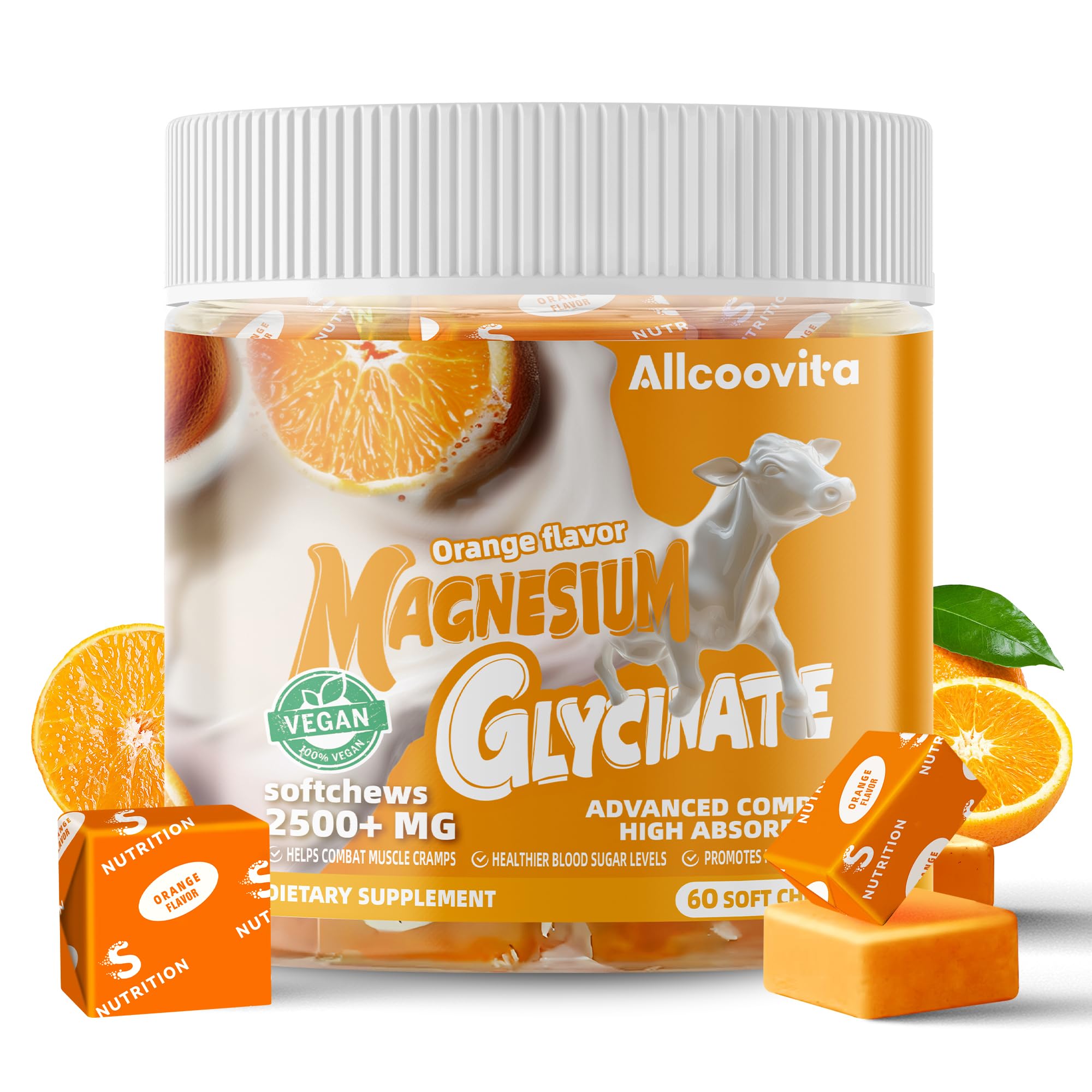 Allcoovita bonbons magnésium glycinate goût orange, texture agréable à mâcher.