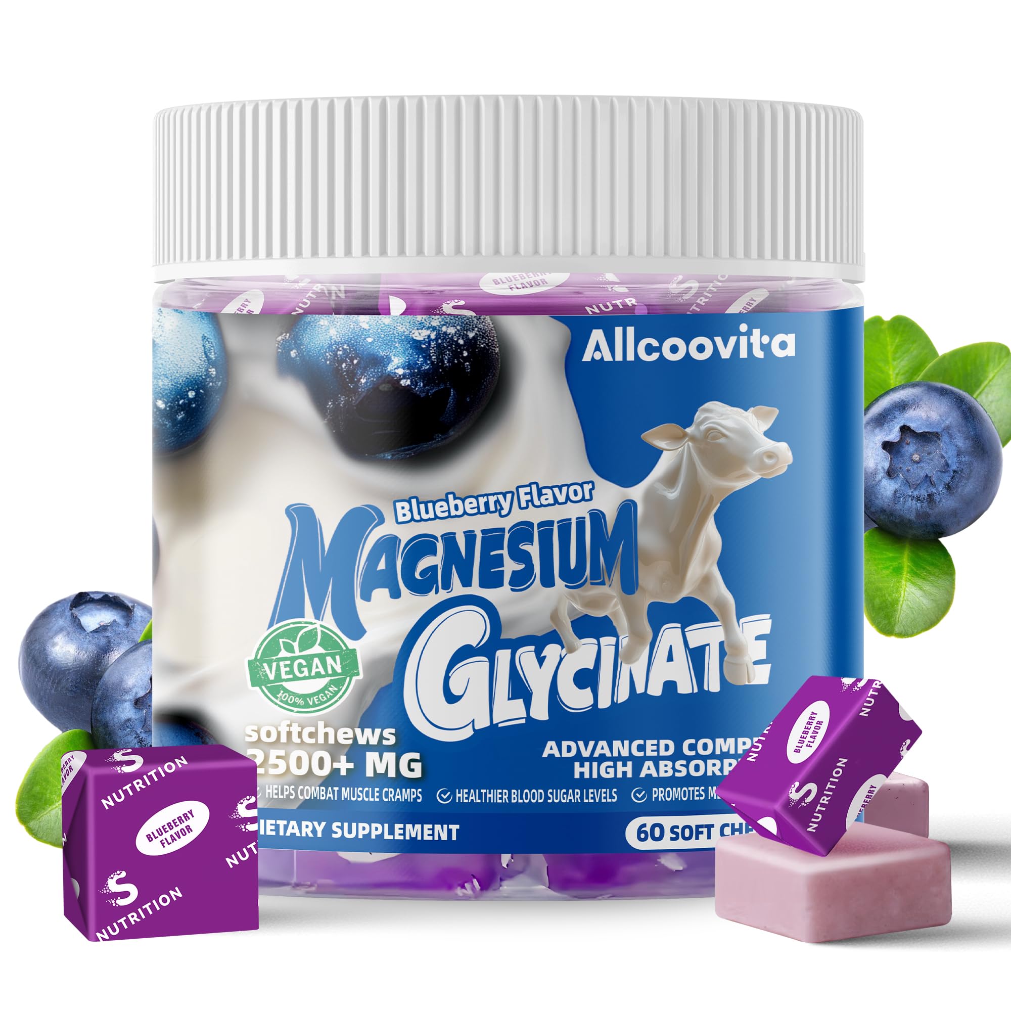 Allcoovita magnésium glycinate myrtille dans une bouteille pratique.