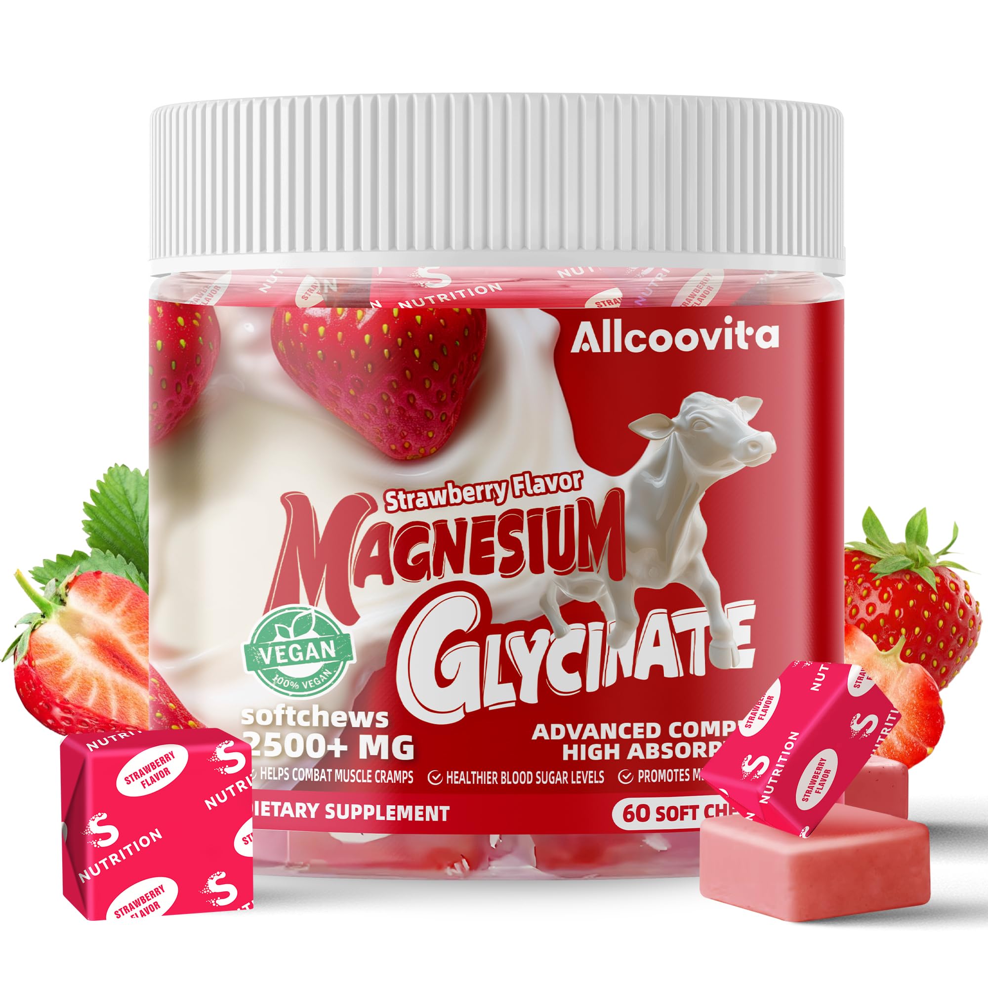 Allcoovita magnésium glycinate chews en bouteille goût fraise, pratique au quotidien.