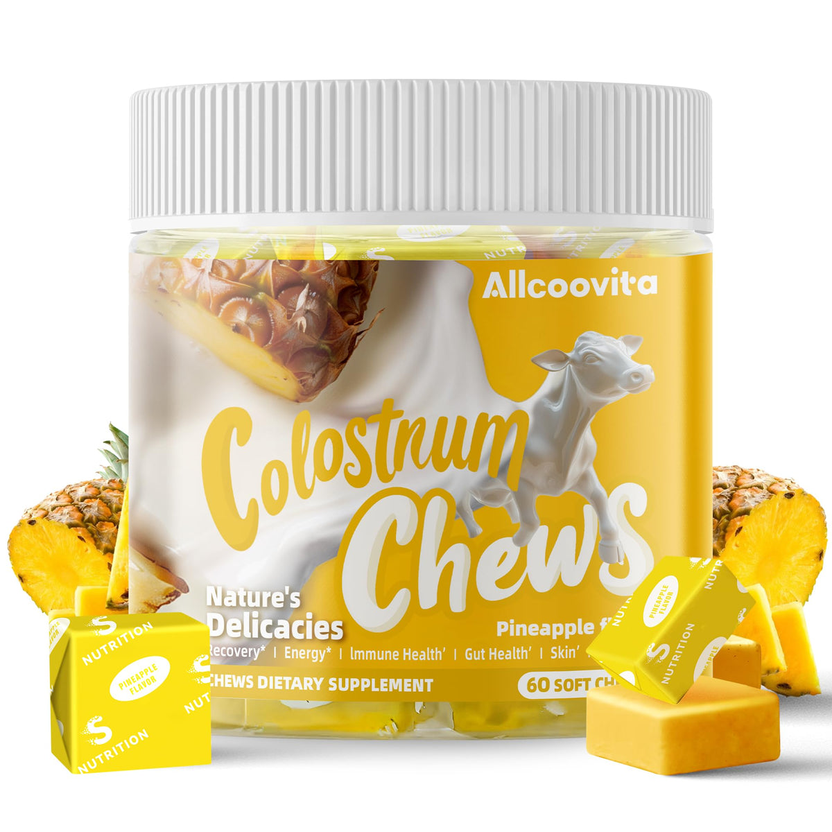 Allcoovita Colostrum Chews dans la bouteille, format pratique pour la routine quotidienne.