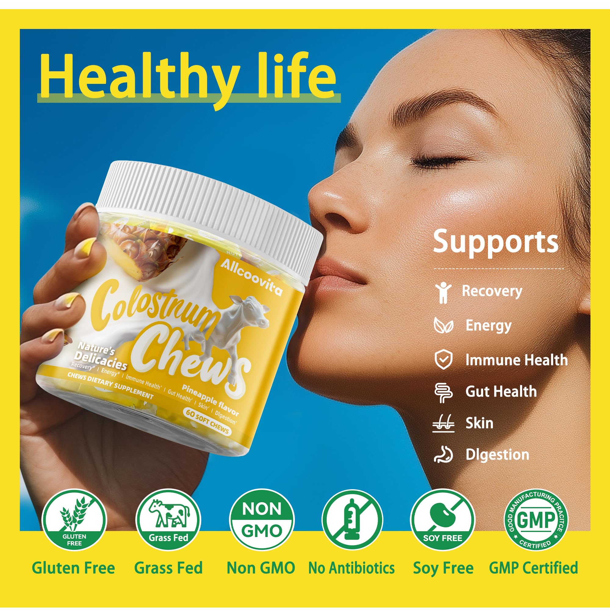 Allcoovita Colostrum Chews étiquette claire indiquant ingrédients et usages.