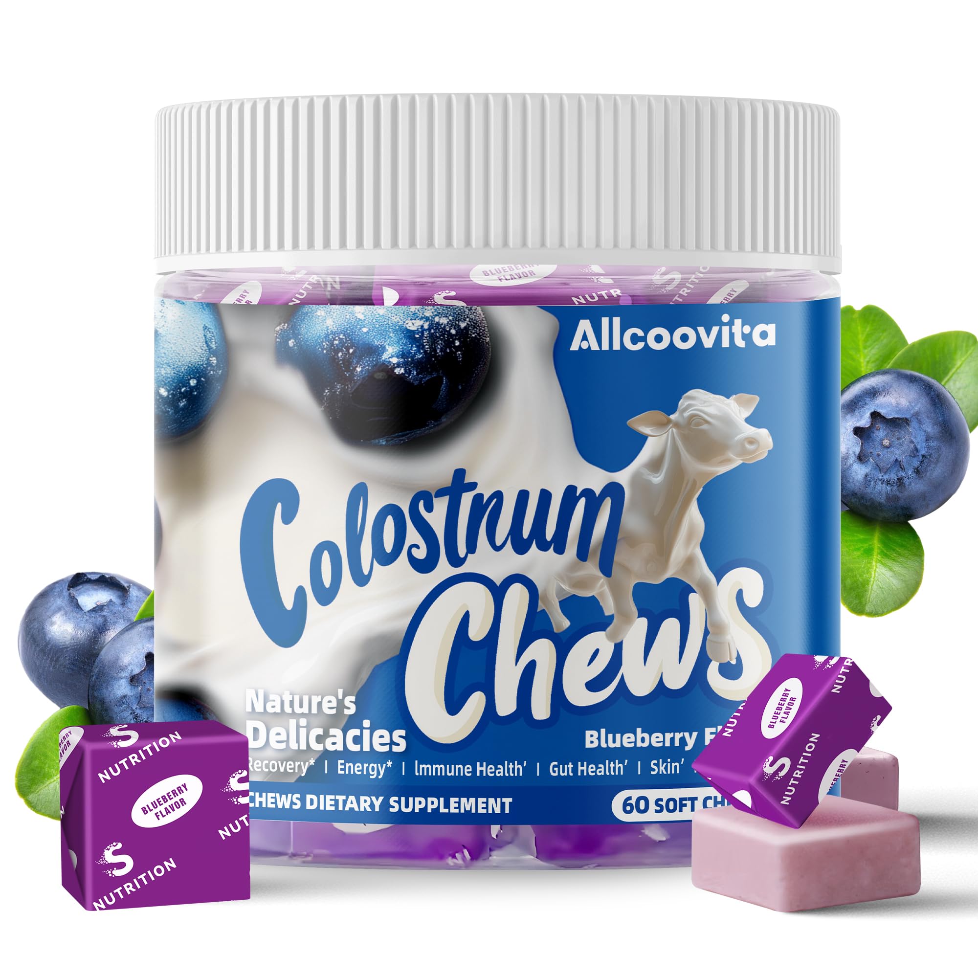 Gommes Allcoovita Colostrum – boîte Myrtille, soutien potentiel à la digestion.