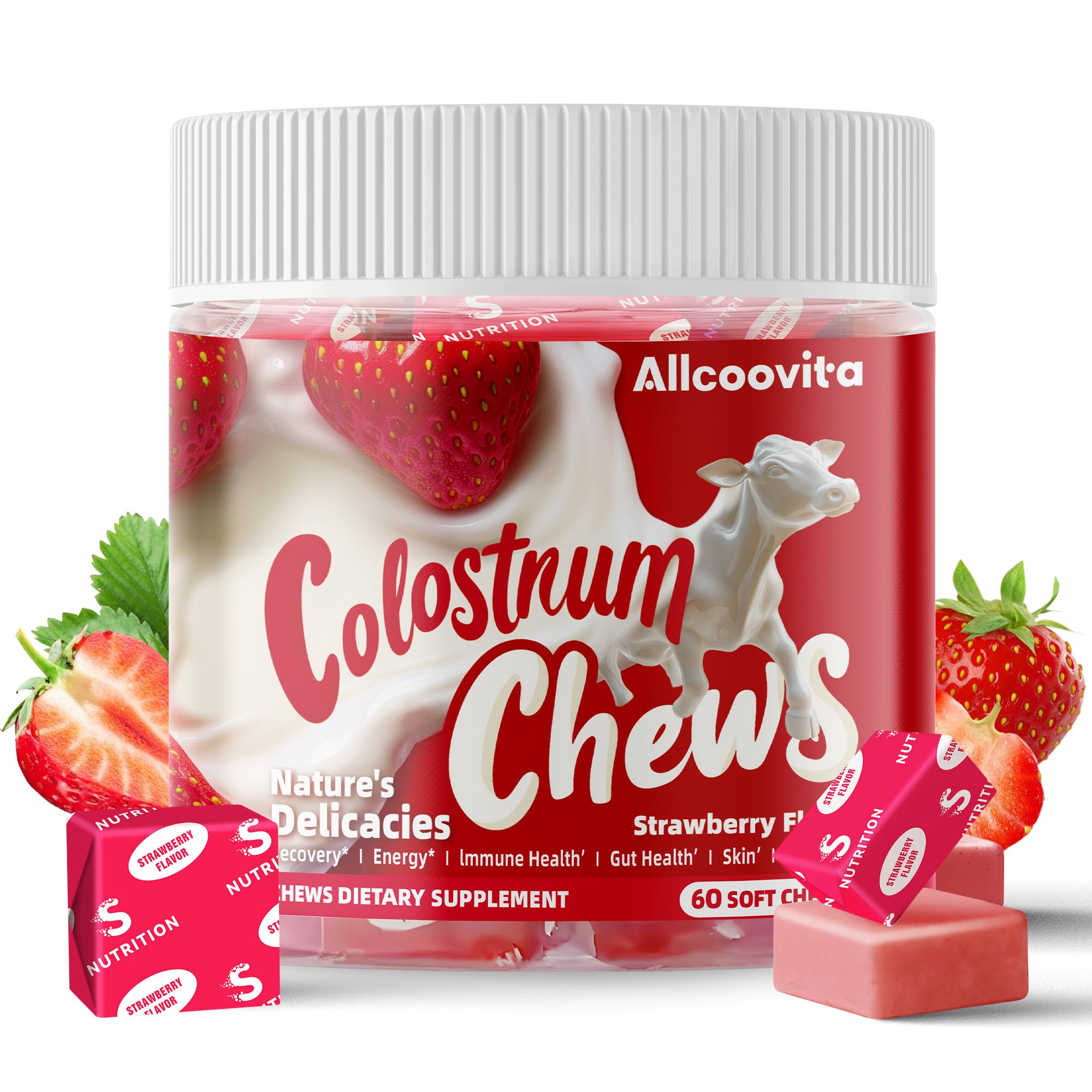 Allcoovita gommes Colostrum, bouteille 60 portions, soutien quotidien au bien-être.