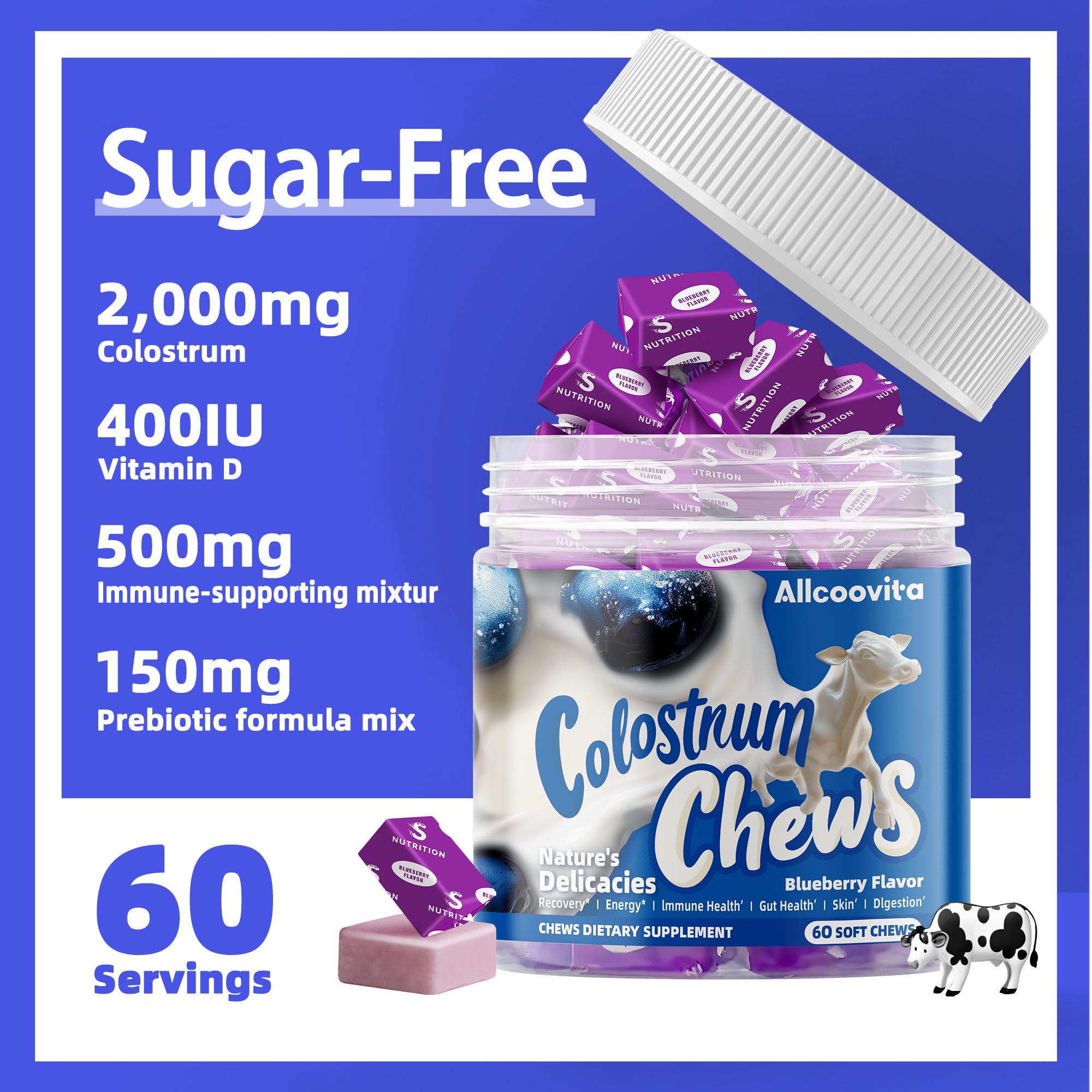 Étiquette sans gluten Allcoovita Colostrum Gommes, ingrédients de confiance.