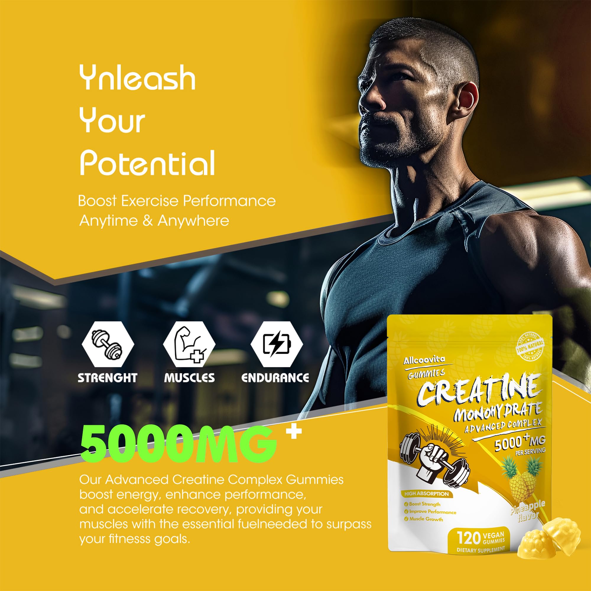 Allcoovita Gomme Créatine – texture stable anti-melange pour une prise fiable