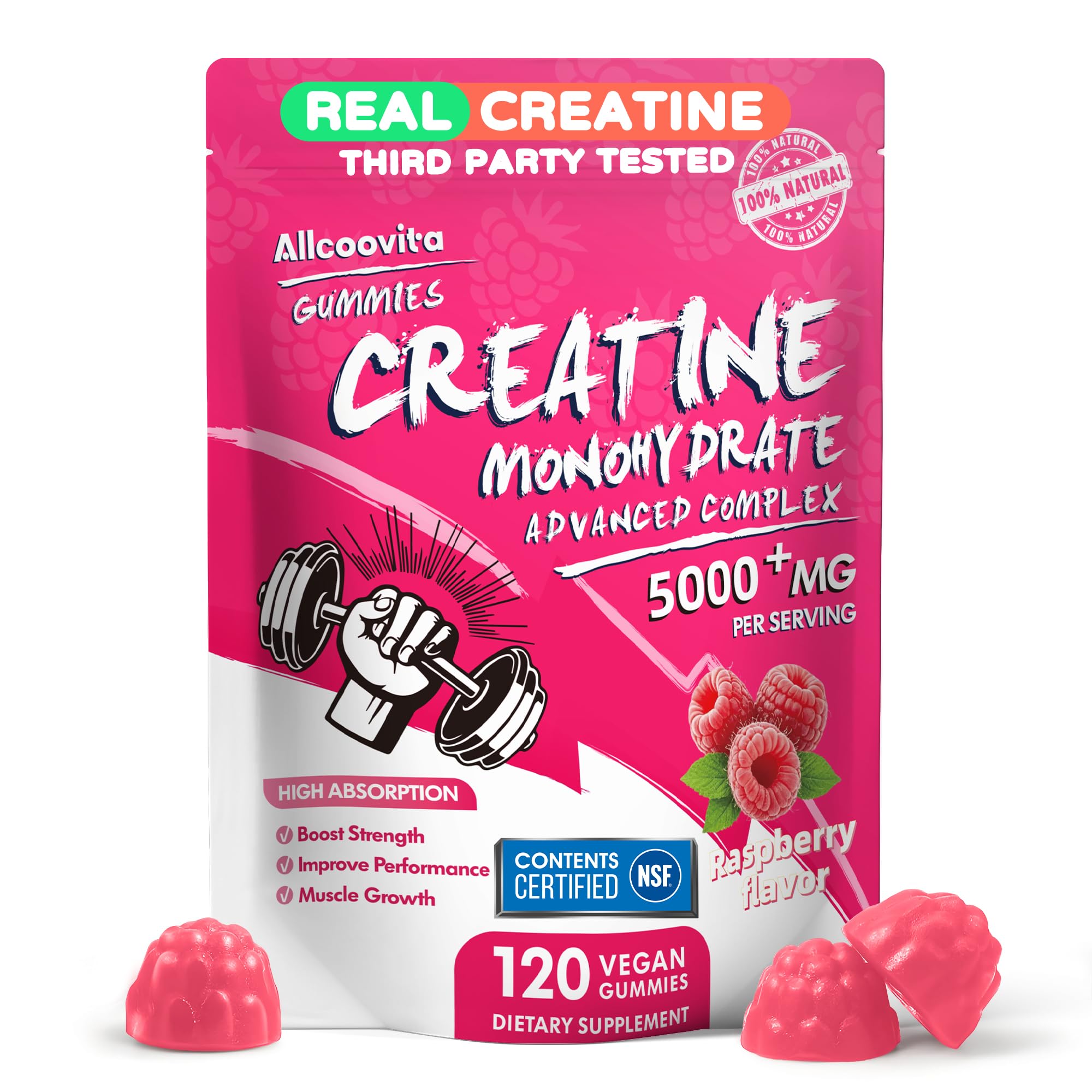 Allcoovita Gomme Creatine framboise: bouteille pratique pour la routine sportive.