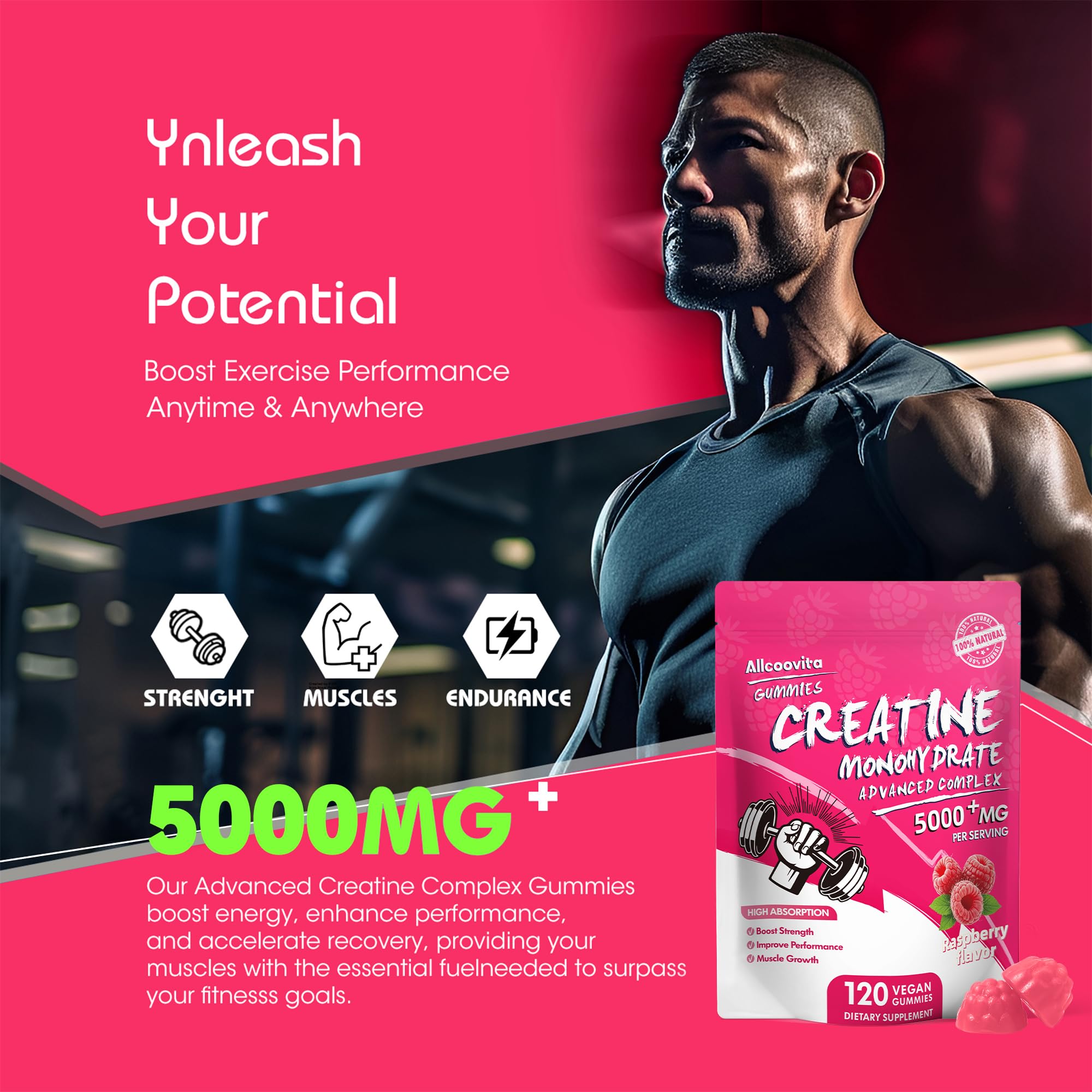 Allcoovita Gomme Creatine framboise: usage quotidien facile.