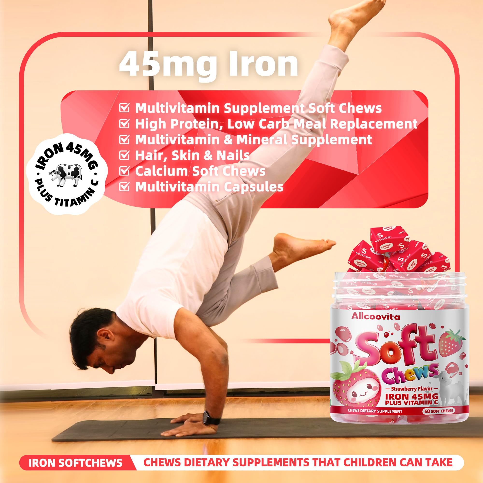 Allcoovita Fer gommes fraise – flacon de 60 gommes pour deux mois.