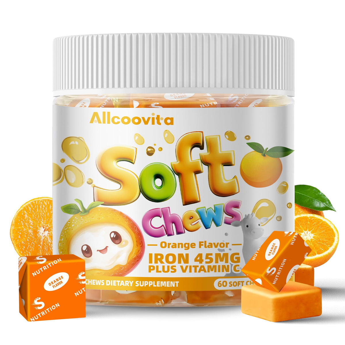 Allcoovita gommes au fer orange dans la bouteille, énergie quotidienne