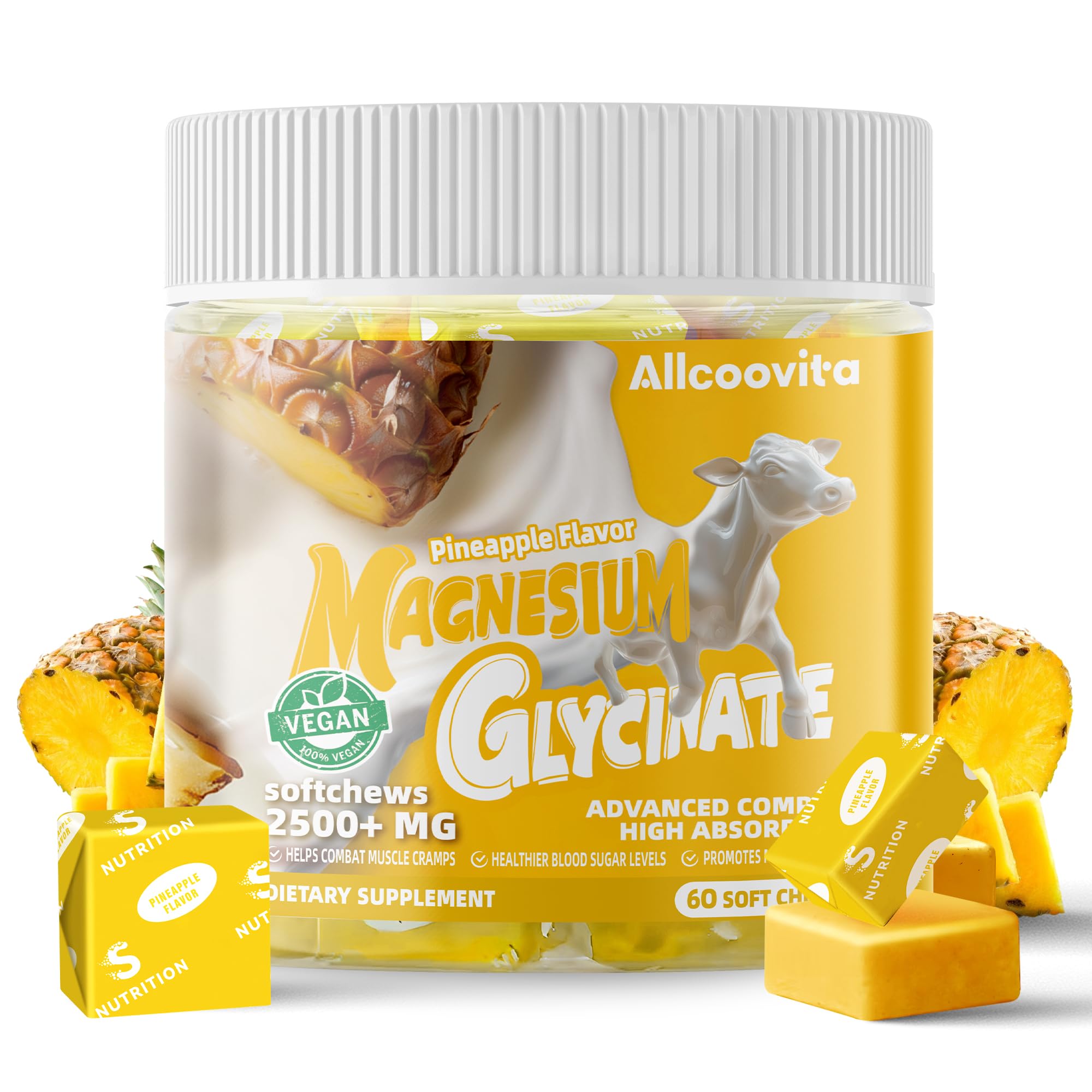 Gommes Allcoovita magnésium glycinate ananas - bouteille pour calme quotidien.