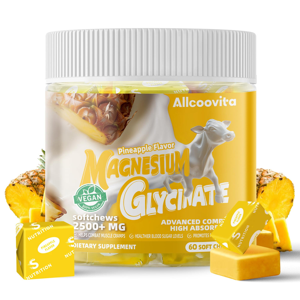 Gommes Allcoovita magnésium glycinate ananas - bouteille pour calme quotidien.