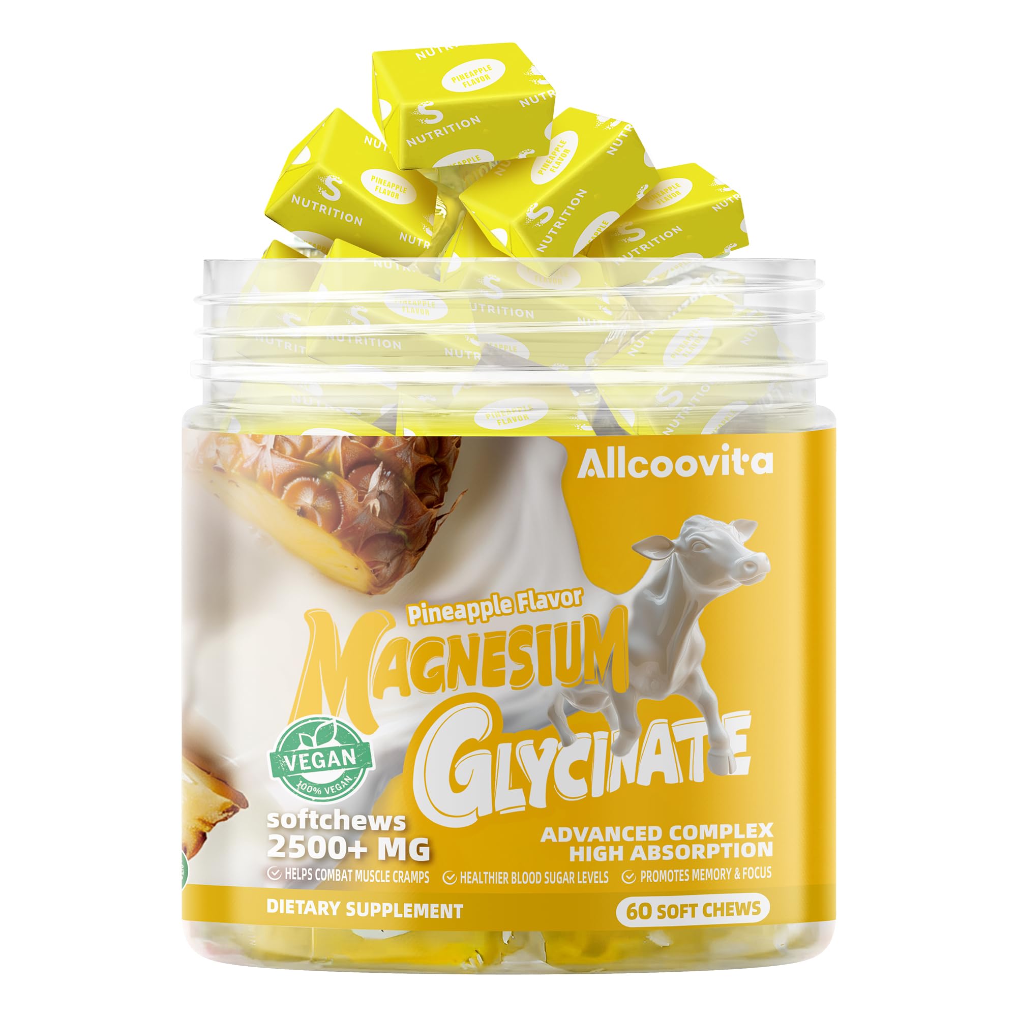 Sans sucre Allcoovita gommes magnésium glycinate ananas - snack léger.