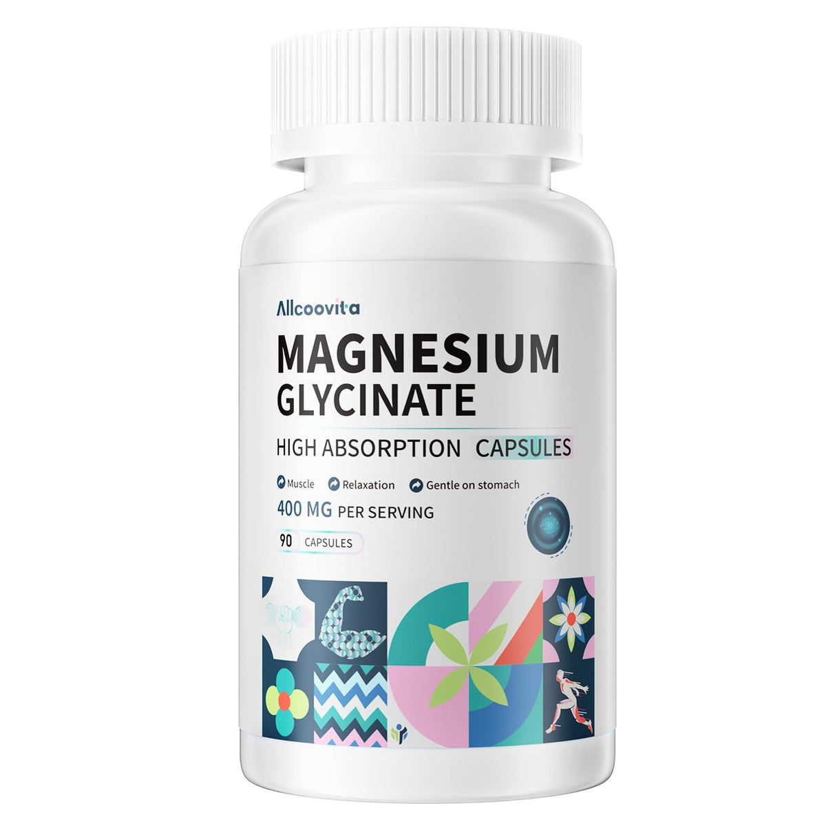 Allcoovita Magnésium Glycinate – bouteille et capsules végétariennes avec absorption douce.