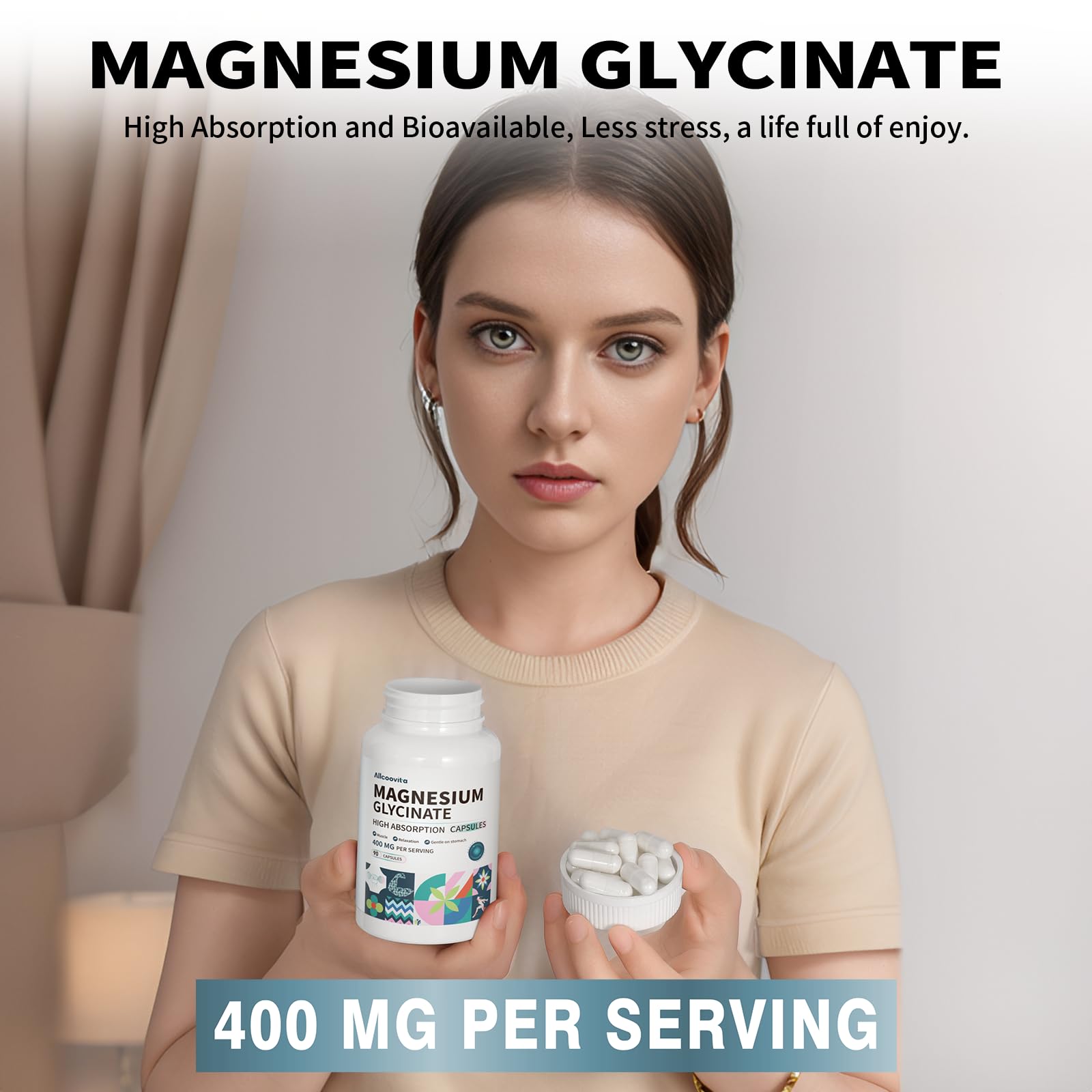Allcoovita Magnésium Glycinate – etiquette de dosage pratique et lisible.