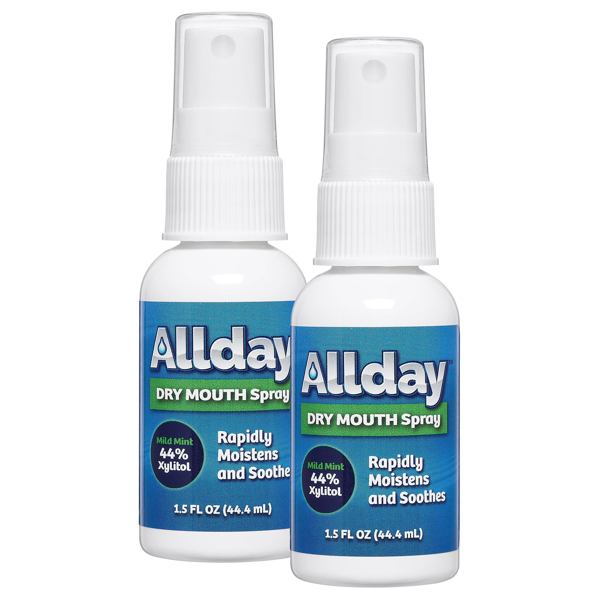 Allday Dry Mouth Spray en gros plan sur la bouteille, action rapide et fraîcheur.