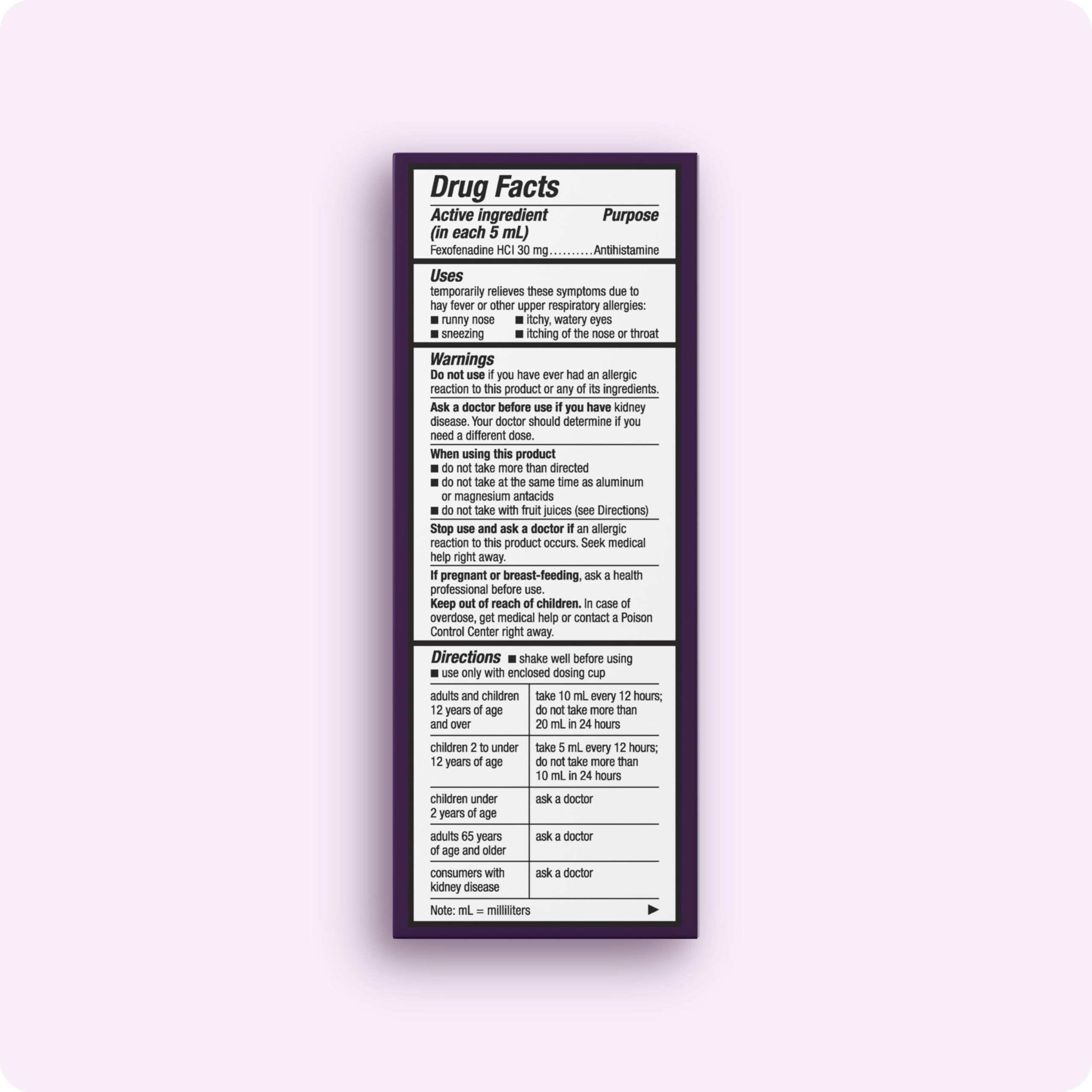 Bouteille Allegra Enfants de 4 oz, dose précise et facile à mesurer.