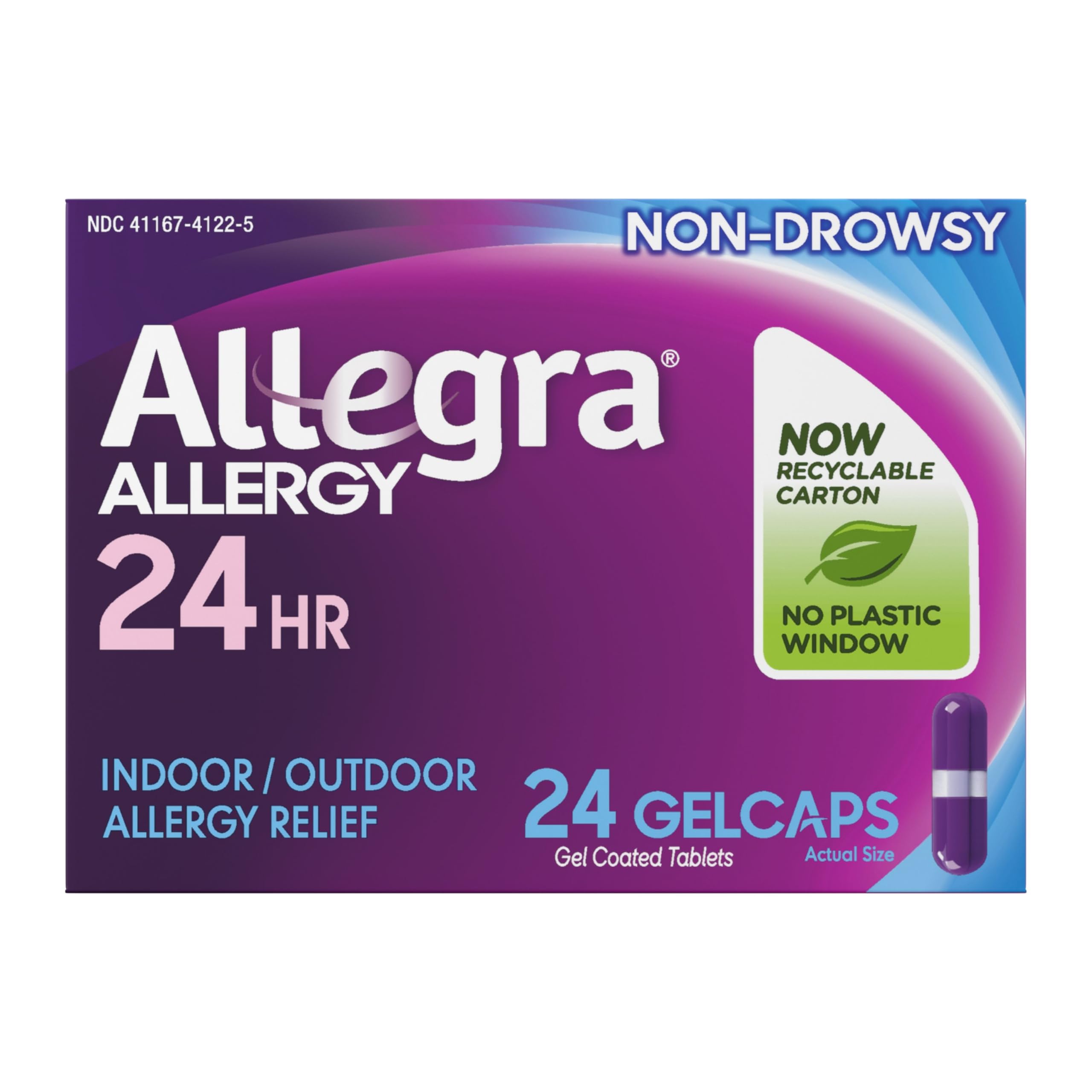Boîte Allegra Gelcaps 24 comprimés pour soulagement allergique rapide et durable.
