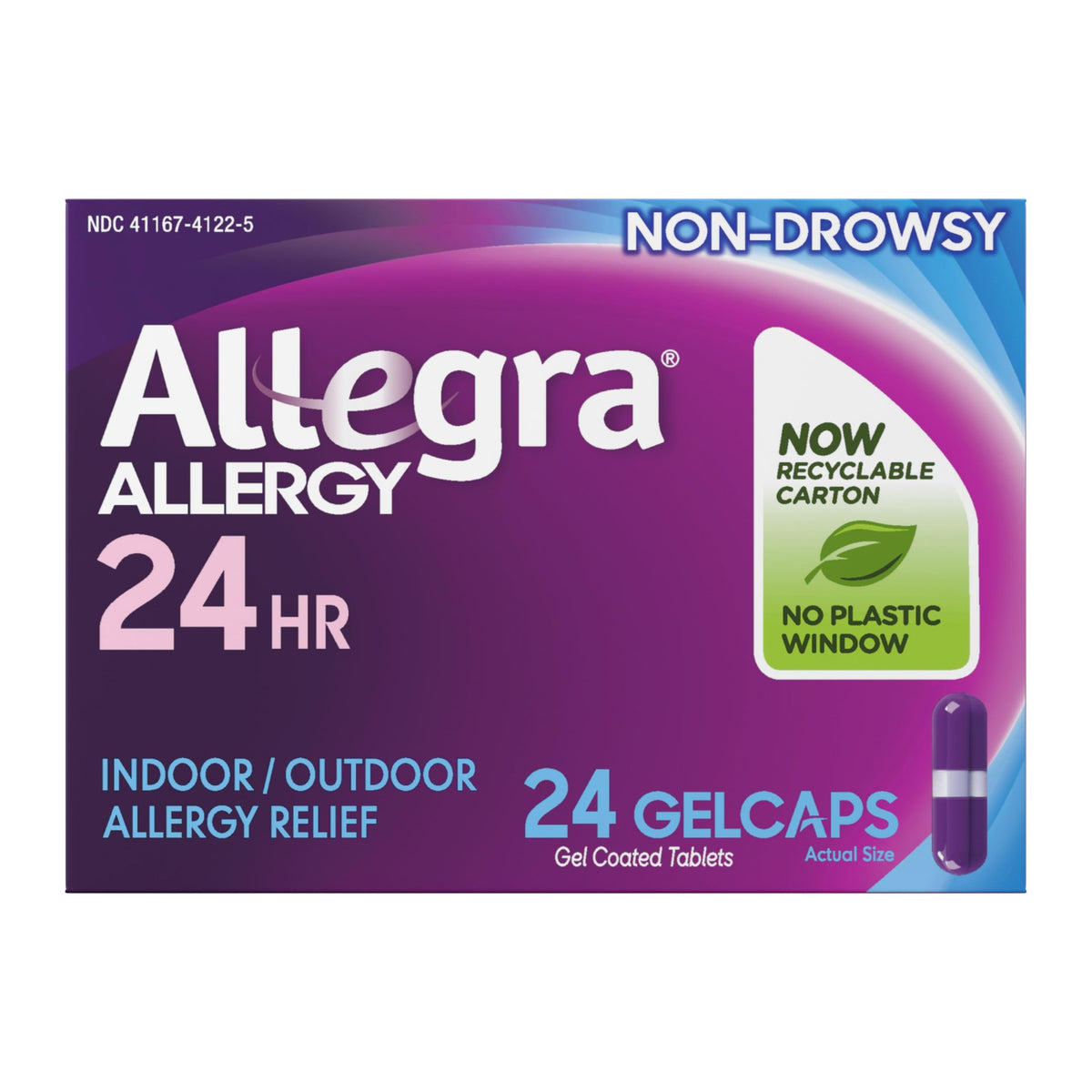 Boîte Allegra Gelcaps 24 comprimés pour soulagement allergique rapide et durable.