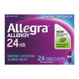 Boîte Allegra Gelcaps 24 comprimés pour soulagement allergique rapide et durable.