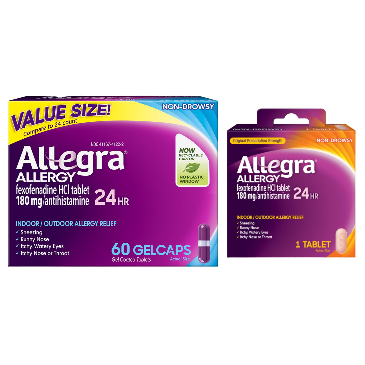Gélcaps Allegra dans l'emballage principal offrant un soulagement rapide des allergies.