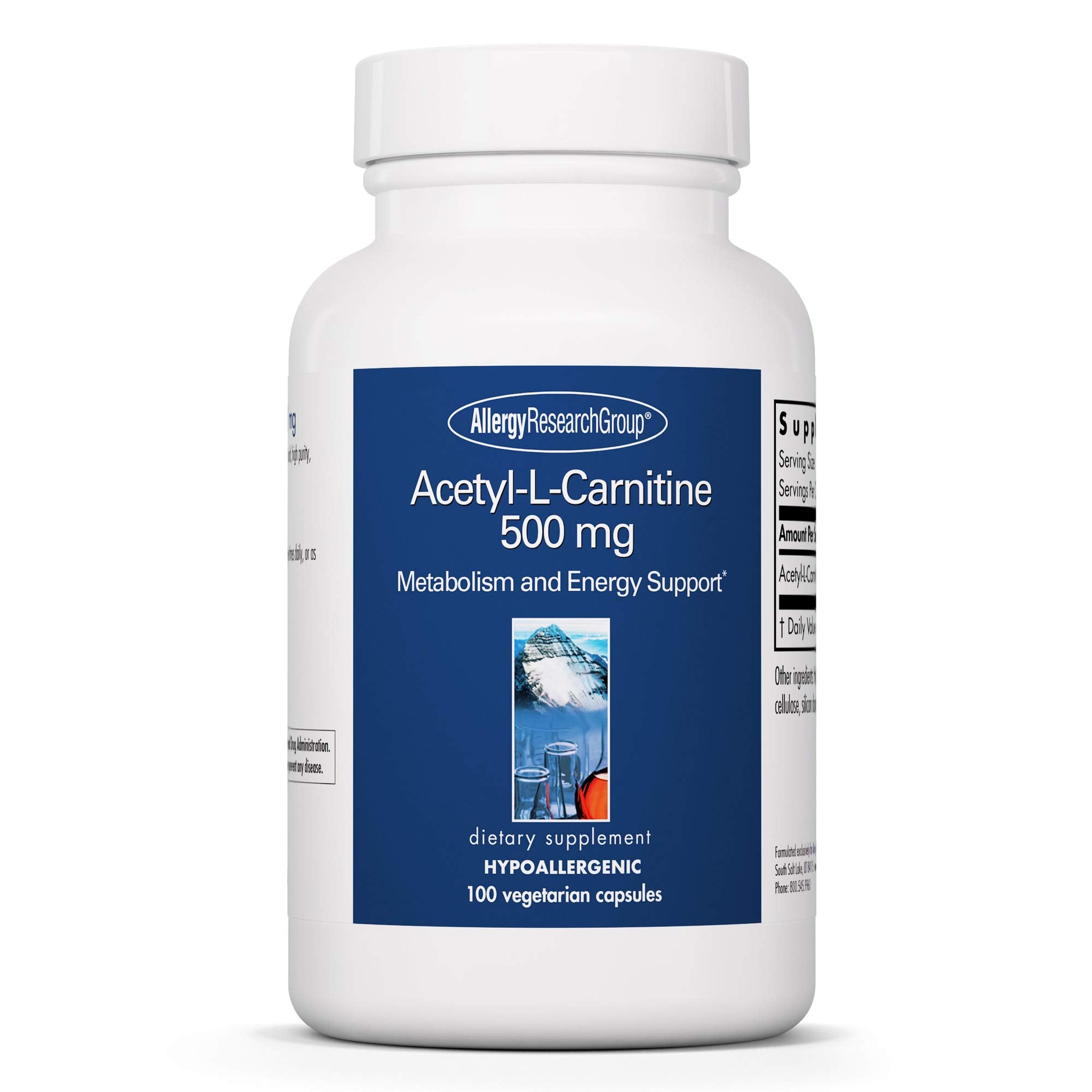 Allergy Research Group Acétyl-L-Carnitine 500 mg — bouteille et gélules, énergie potentielle.