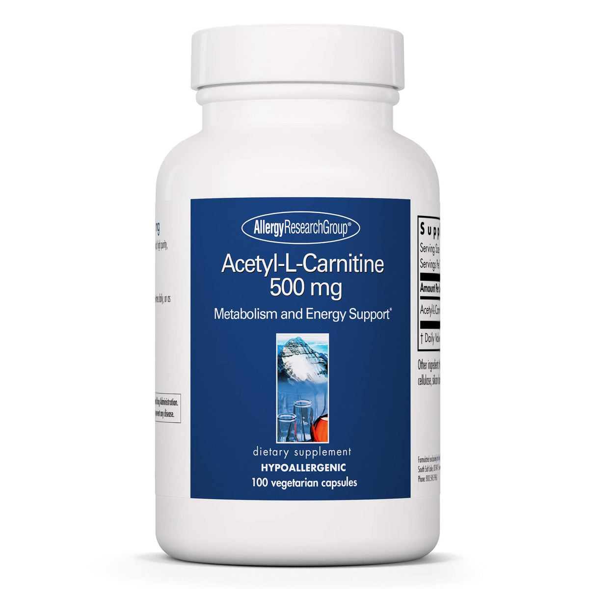 Allergy Research Group Acétyl-L-Carnitine 500 mg — bouteille et gélules, énergie potentielle.
