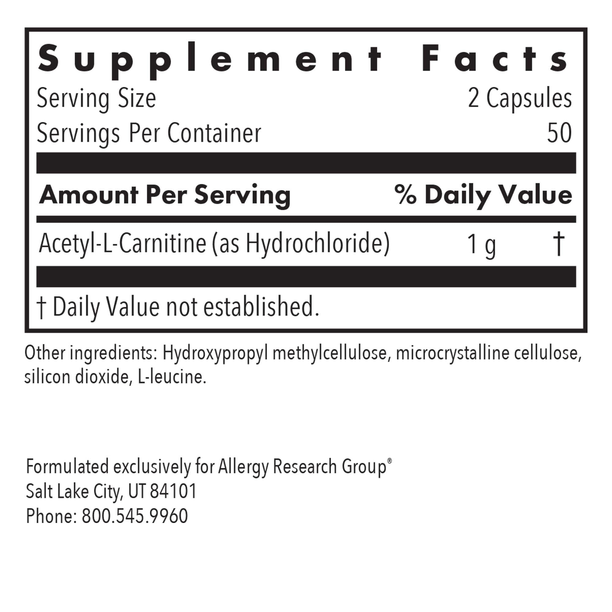 Allergy Research Group Acétyl-L-Carnitine 500 mg — emballage principal reflétant la qualité.